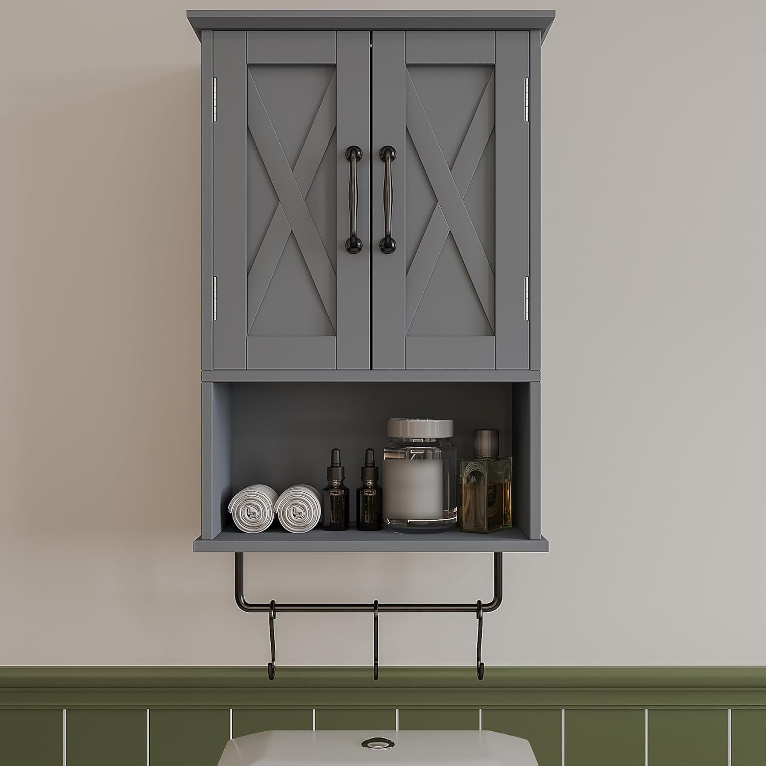 ChooChoo Farmhouse Medicine Cabinet, Bathroom Wall Cabinet with Adjustable Shelf, Towel Bar, 3 Hooks, Over The Toilet Storage Cabinet for Bathroom, Kitchen, Grey