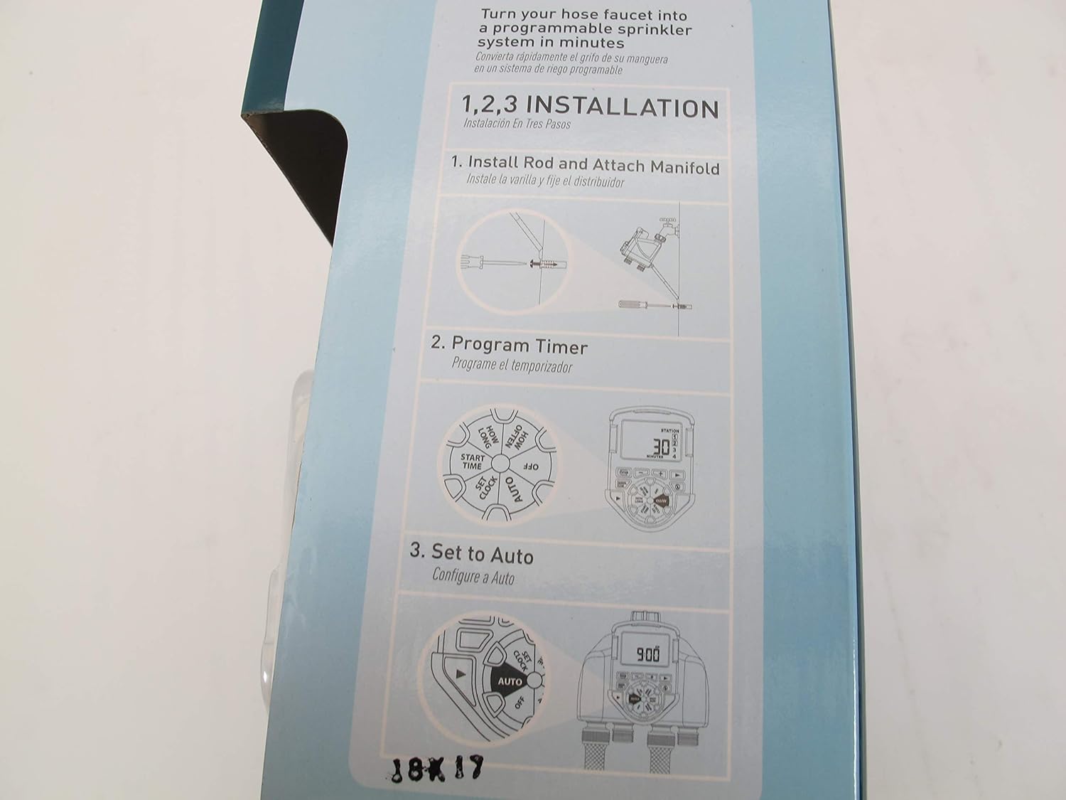 Diagram showing 1-2-3 installation steps for the Orbit timer