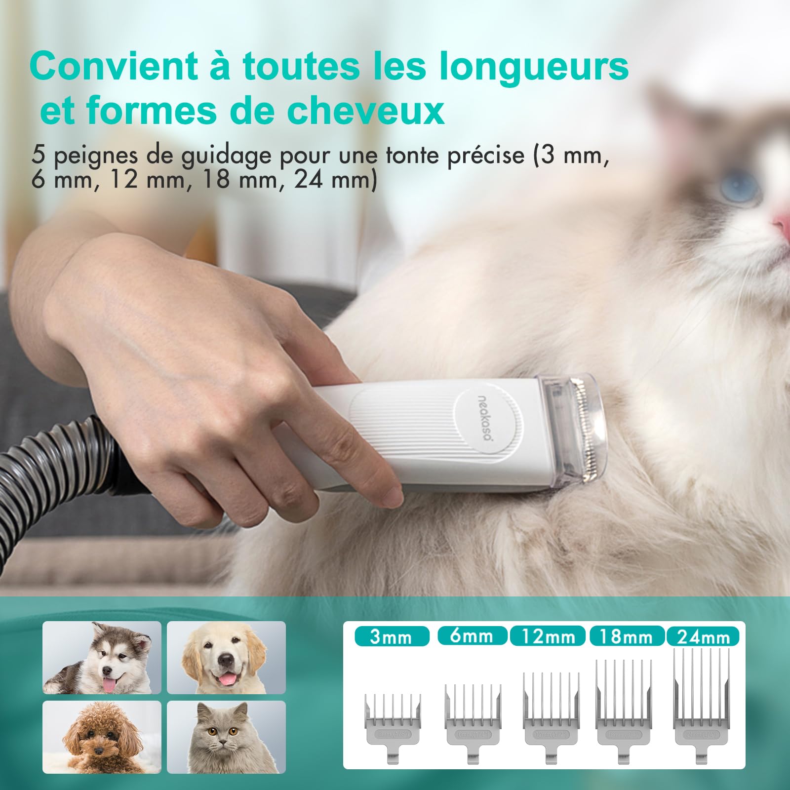 Neakasa P1 Pro Brosse Chat, Brosse Chien, Tondeuse professionnelle pour chats et chiens, Aspirateur de poils 13000 Pa, Silencieuse 52 dB, 5 Outils de toilettage pour poils courts, longs et épais