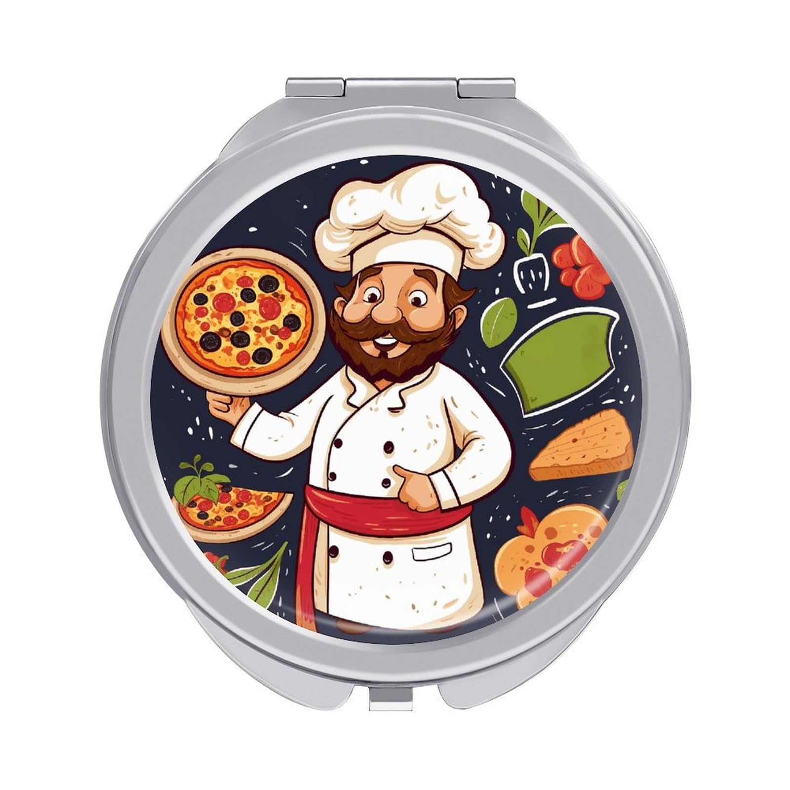 FekiLoot Chef Pizza Travel Makeup Mirror 2 X /1 X Magnifying Slim Pocket Mirrors Compact for Purse Travel Makeup Mirrors for Pocket, Handbag, Purse Women Gift