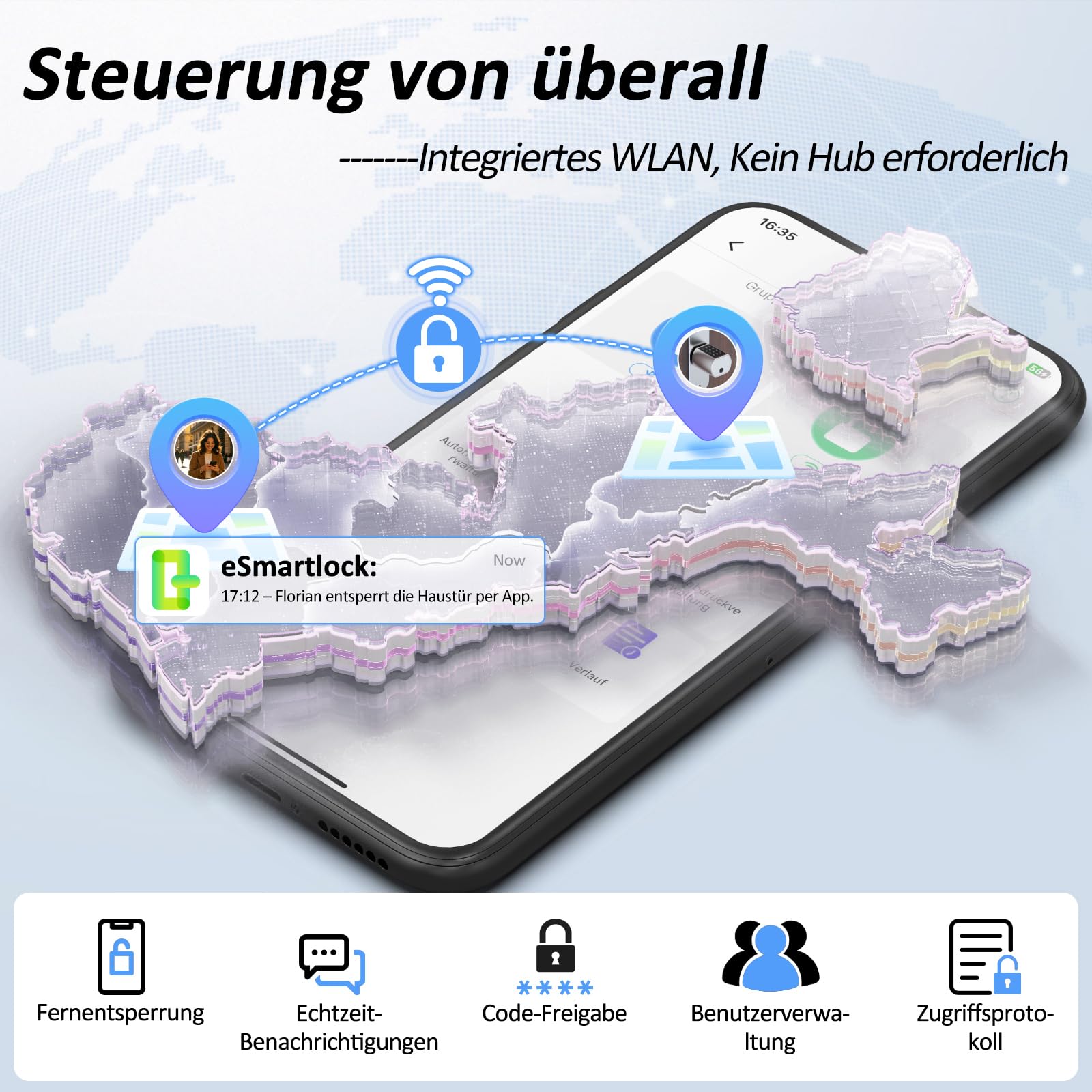 Anweller Smartes Türschloss Fingerabdruck mit Zahlencode, Elektronisches Schließzylinder Haustür mit WLAN-Fernbedienung und Display, inkl. Schlüssel & IC-Karte für 60-130mm Türen