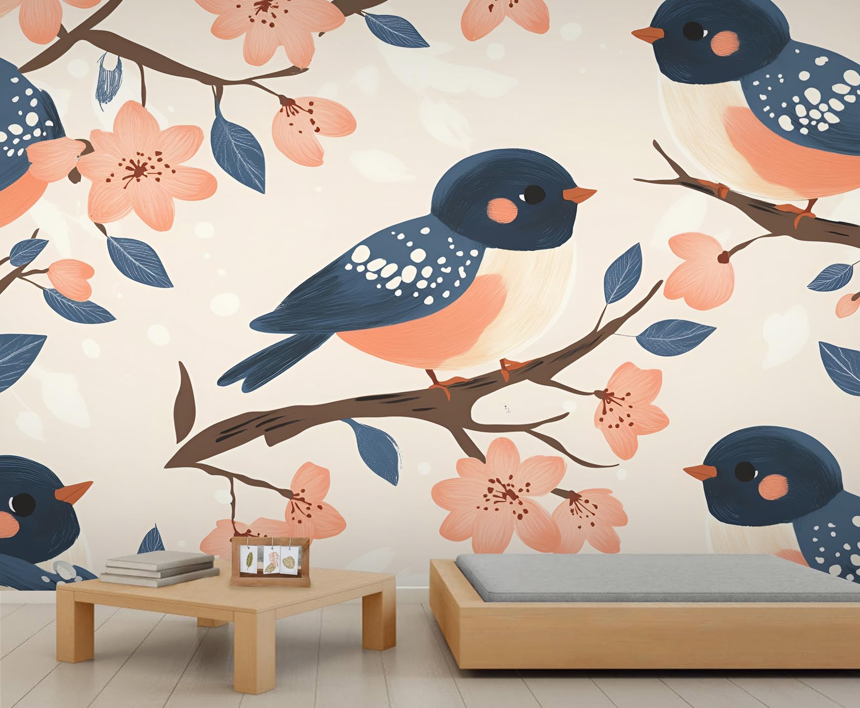 YXQAIED Cute Blue Bird Wallpaper - Floral Mural & Home Decor, Cartoon Sparrow Bedroom Wallpaper, Not Self-Adhesive Large Wall Murals for Living Room Home Decor