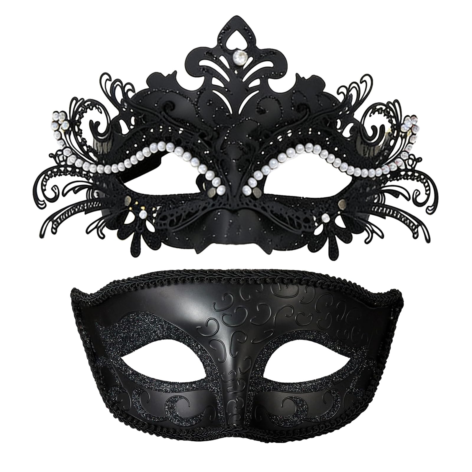 HeHeGe Couple Masquerade Masks with Shiny Rhinestone Venetian Party Mask Halloween Costume Carnival Mask New Year Party Christmas for Couples Women and Men (Black)
