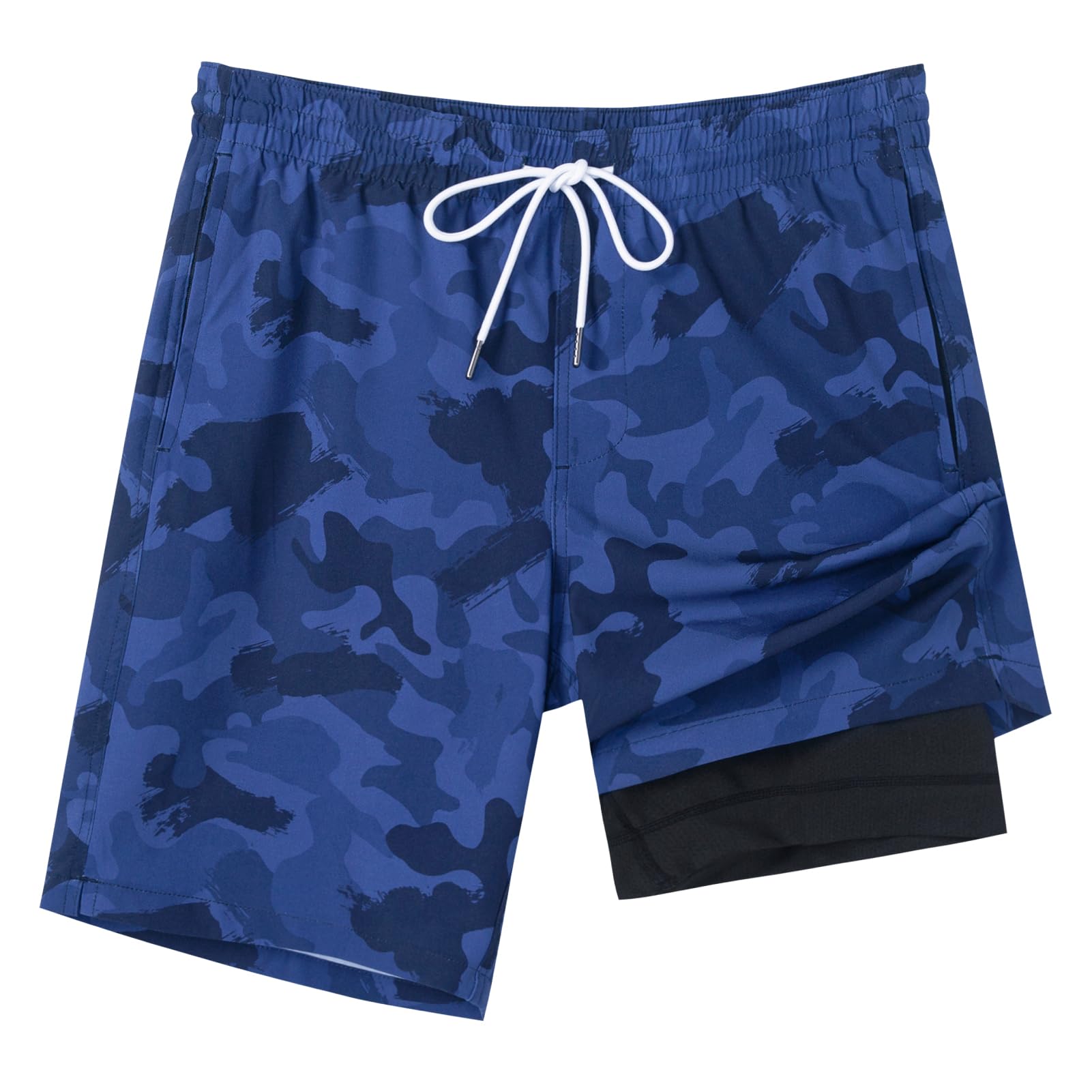 SURF CUZ Mens Swim Trunks with Compression Liner Swimming Shorts 2 in 1 Stretch Quick Dry Zipper Pockets, Dark Blue Camouflage|S - Image 2 thumbnail
