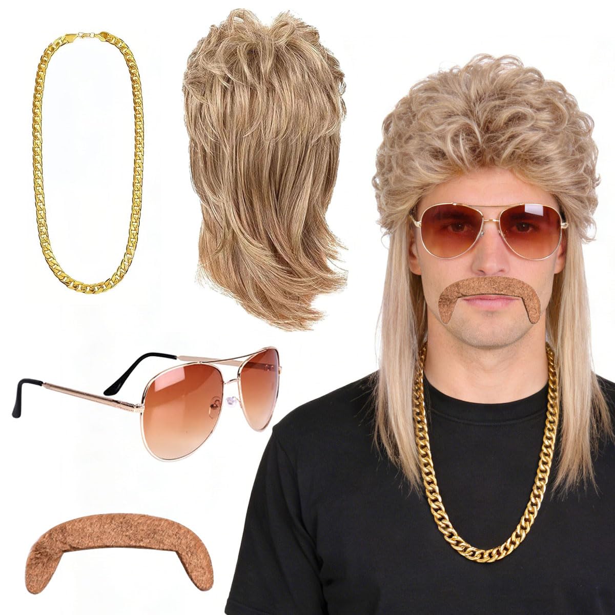 Set de mule 4 en 1 avec perruque assi, chaîne en or, lunettes - pour le carnaval et les déguisements des années 80 et 90
