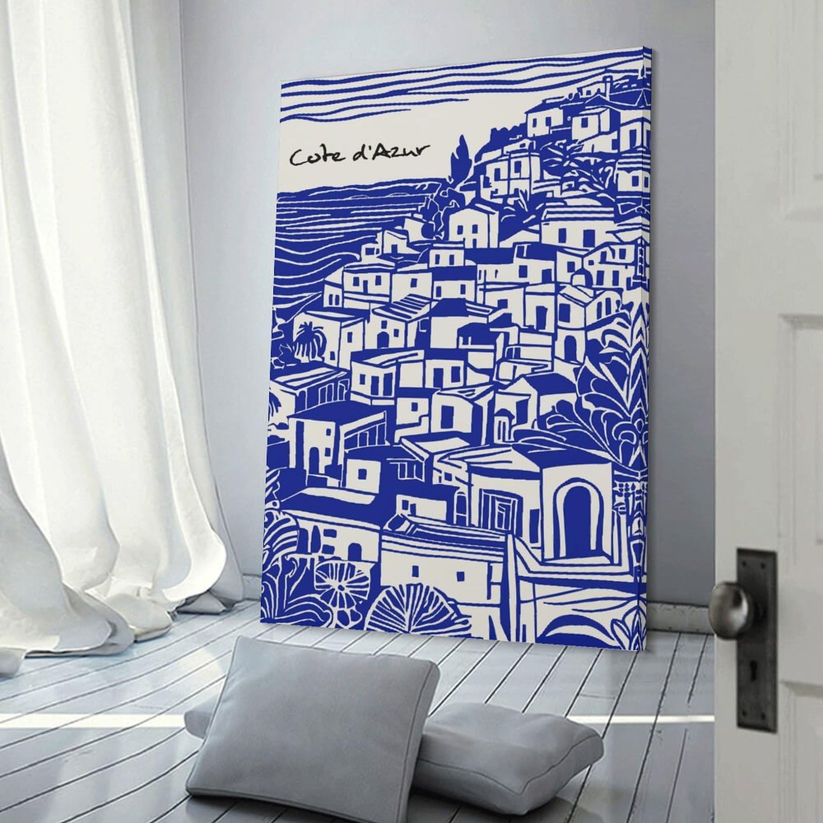 Junmoney Frame-Style-6-1 Côte Dazur Coastal Village Illustration Room Decor Wall Art, 24X36inch(60X90cm), For Front Hall, Corridor Or Welcome Spaces, A Neat Decor Update For Hallways