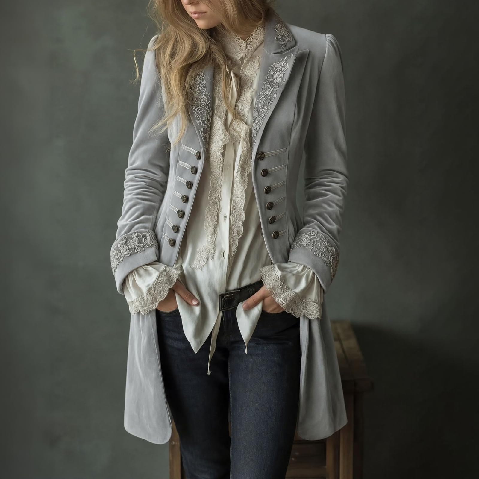 FUPODD Wintermantel Damen Elegant Samt Trenchcoat Lang Damenmantel Vintage