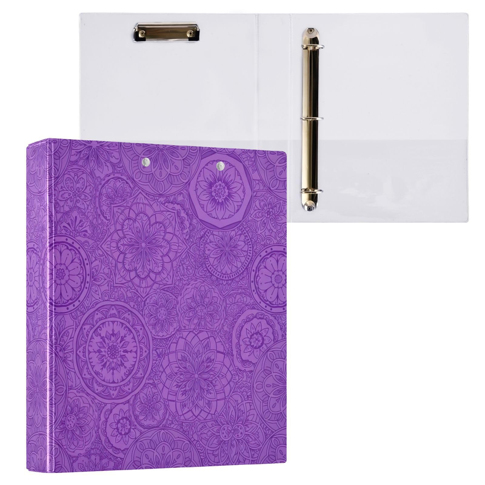 Confezione da 2 raccoglitori ad anelli con motivo floreale viola mandala, con portablocco a D, con portablocco, grandi raccoglitori a 3 anelli, per scuola, università, ufficio