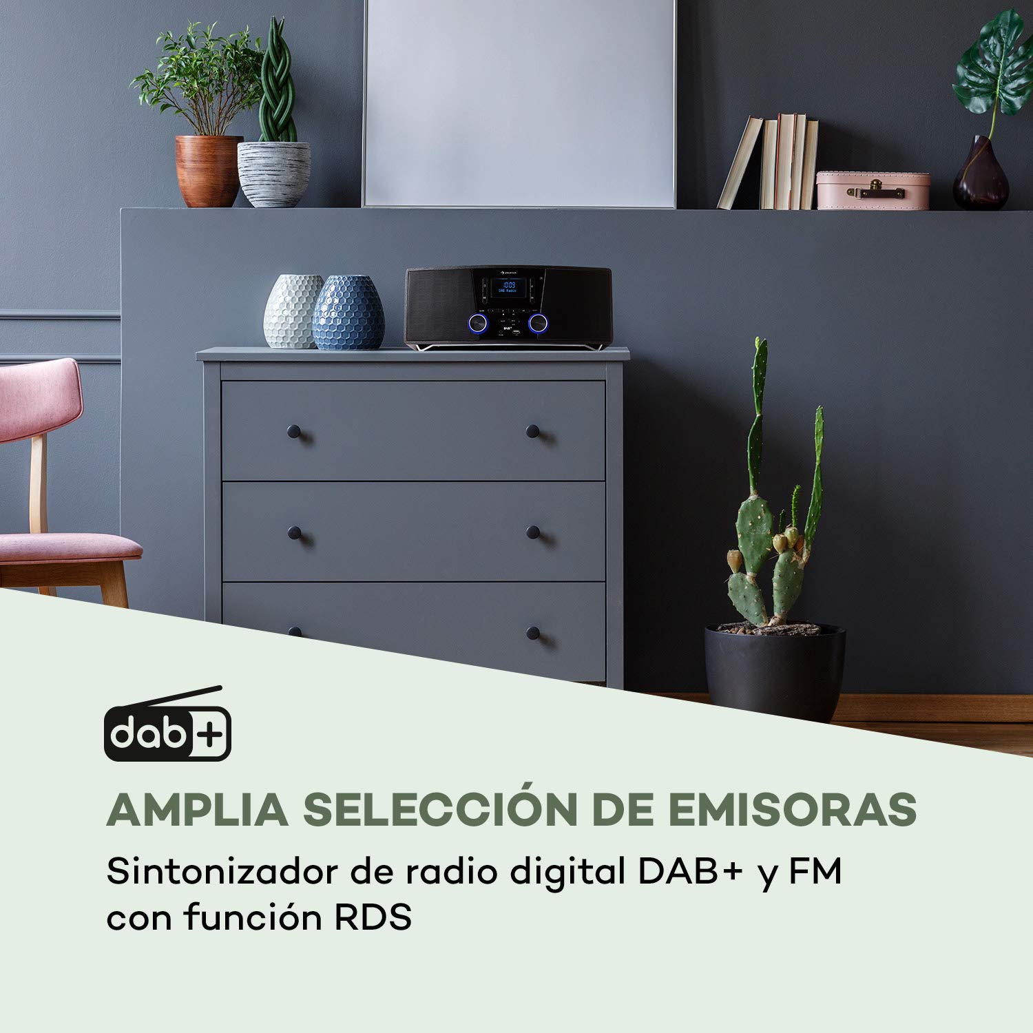 auna Stockton - Equipo de música estéreo, Potencia de 20 W, Radio Dab+/UKW, Función RDS, Reproductor de CD, Bluetooth, Puerto USB, Entrada AUX, Pantalla OLED, EQ, Programable, Despertador, Antracita