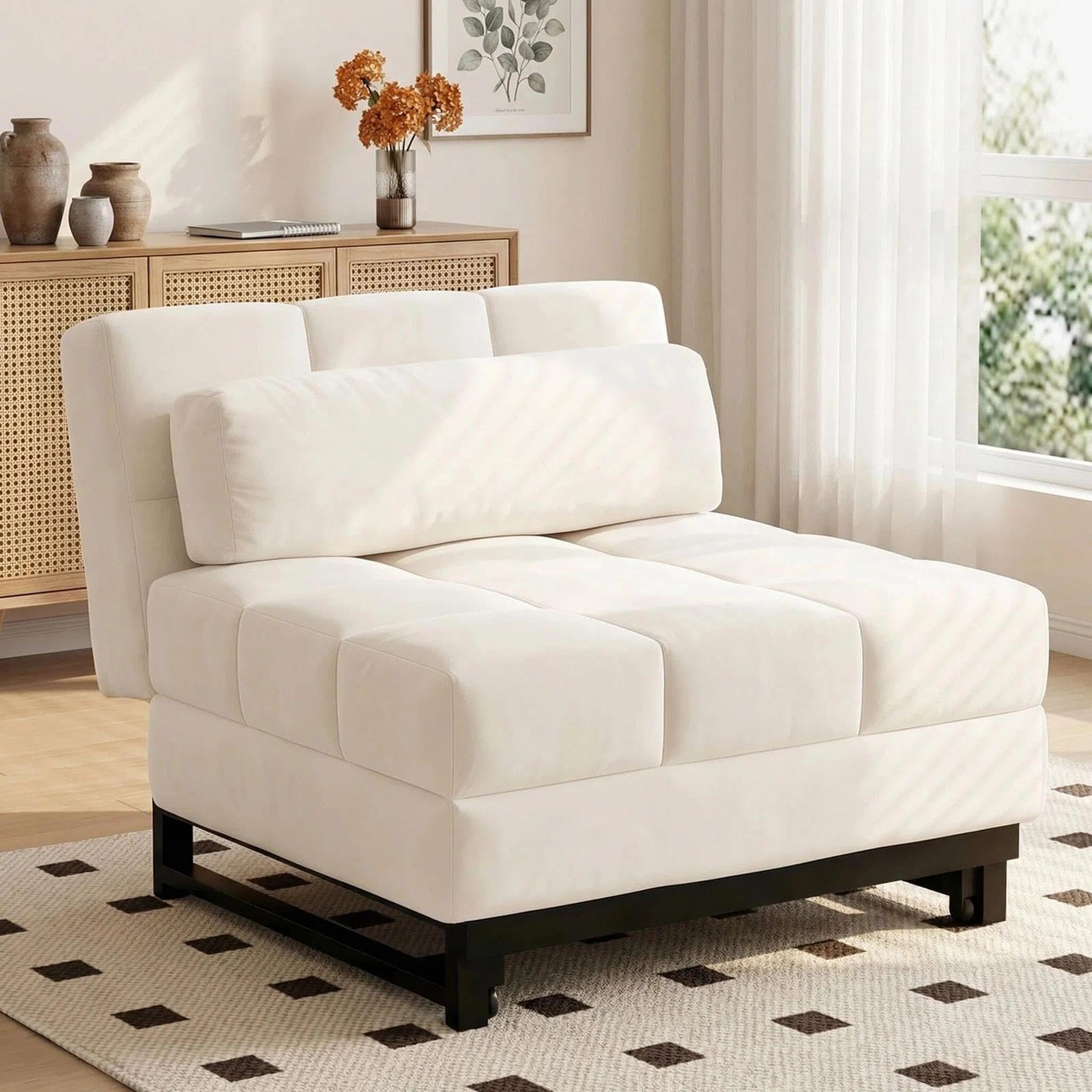 Single Sofa Chair Bed, Velvet Fabric 3-in-1 Convertible Pull Out Sleeper Sofa with 5-Position Adjustable Backrest and Pillow, Upholstered Lounge Couch for Living Room, Spare Room, Bedroom