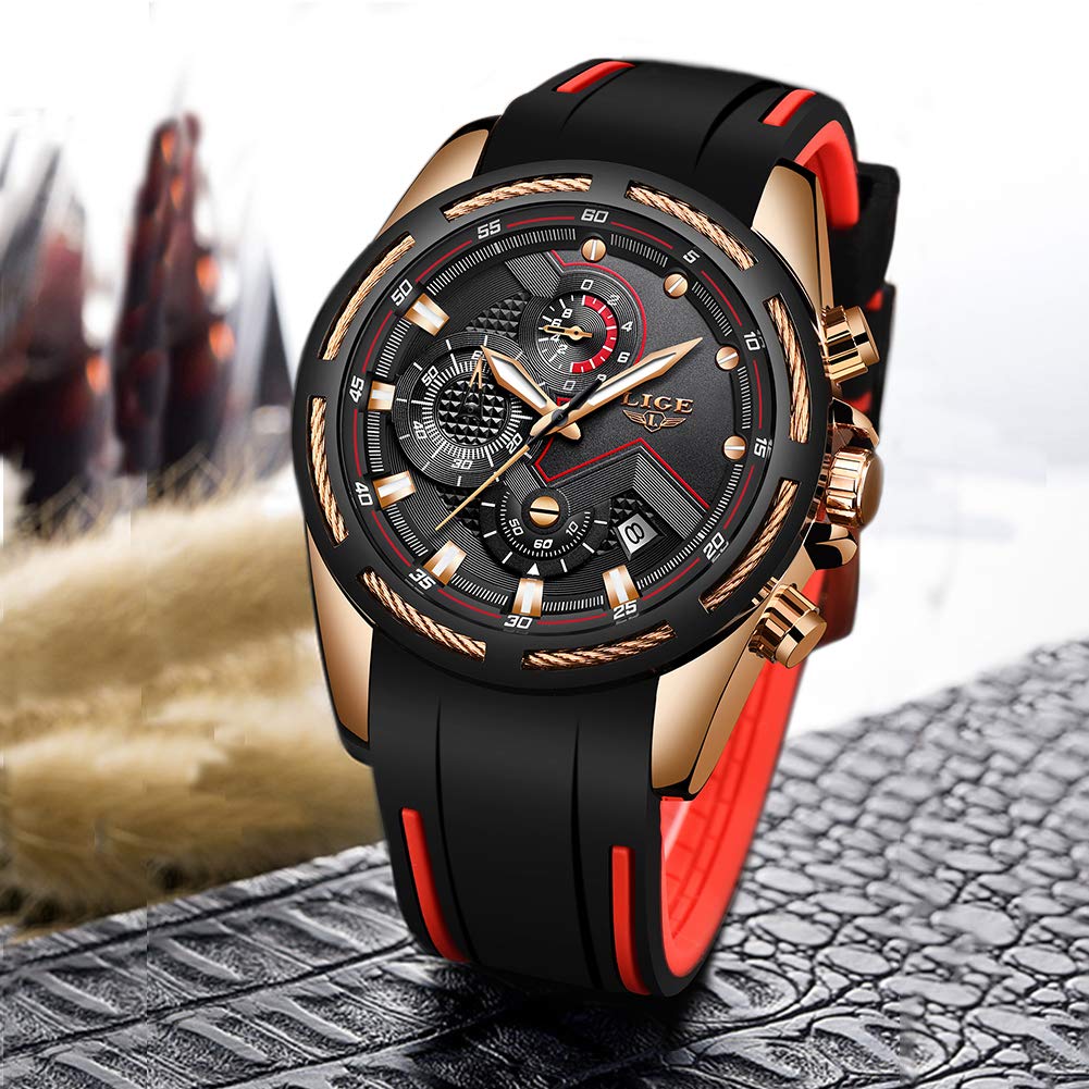 LIGE Montres Hommes Mode Élégant Analogique Quartz Chronographe Étanche Silicone Homme Montre Bracelet Sport Grand Noir Cadran Rond Business Casual Robe Hommes Montre Calendrier