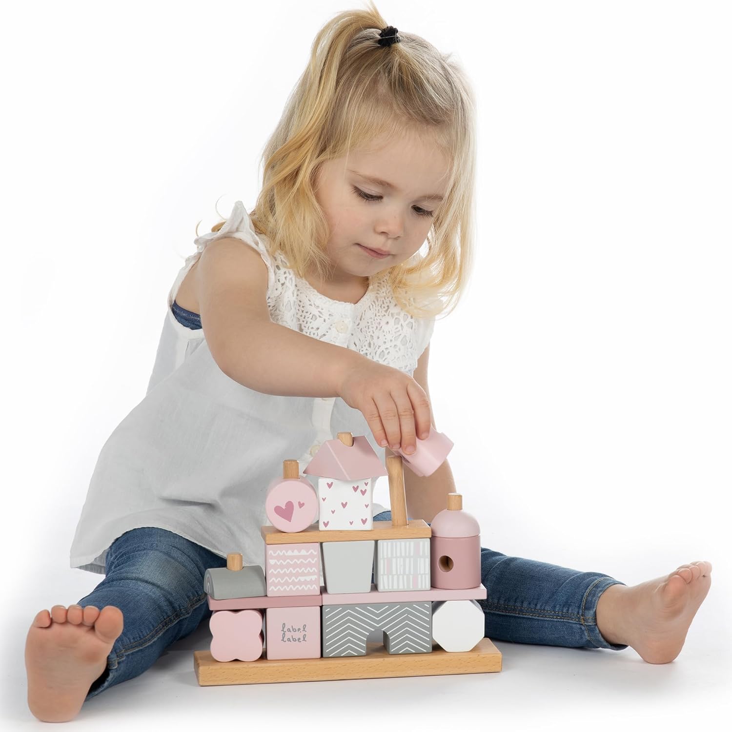 Stacking Blocks House - Pink - Natural Wooden & Colored Blocks, Creative Building, Range of Shapes & Sizes, Storage Rack, Toddlers 18Mo+