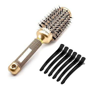Round Brush for Blow Drying and 6 Clips, Nano Thermal Ceramic Barrel Ionic Tech Hair Brush, Boar Bristles Round Hair Brush, Roller Hairbrush for Styling, Curling (3 inch, Barrel 1.7 inch)
