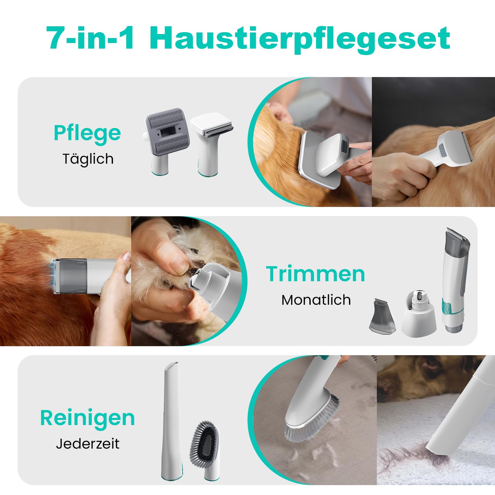 Hundeschermaschine mit Staubsauger, 13000 Pa Super Saugkraft & 99,99% Tierhaar-Aufnahme, Leise Haustierpflegeset mit 7 Pflegewerkzeugen für Hunde und Katzen