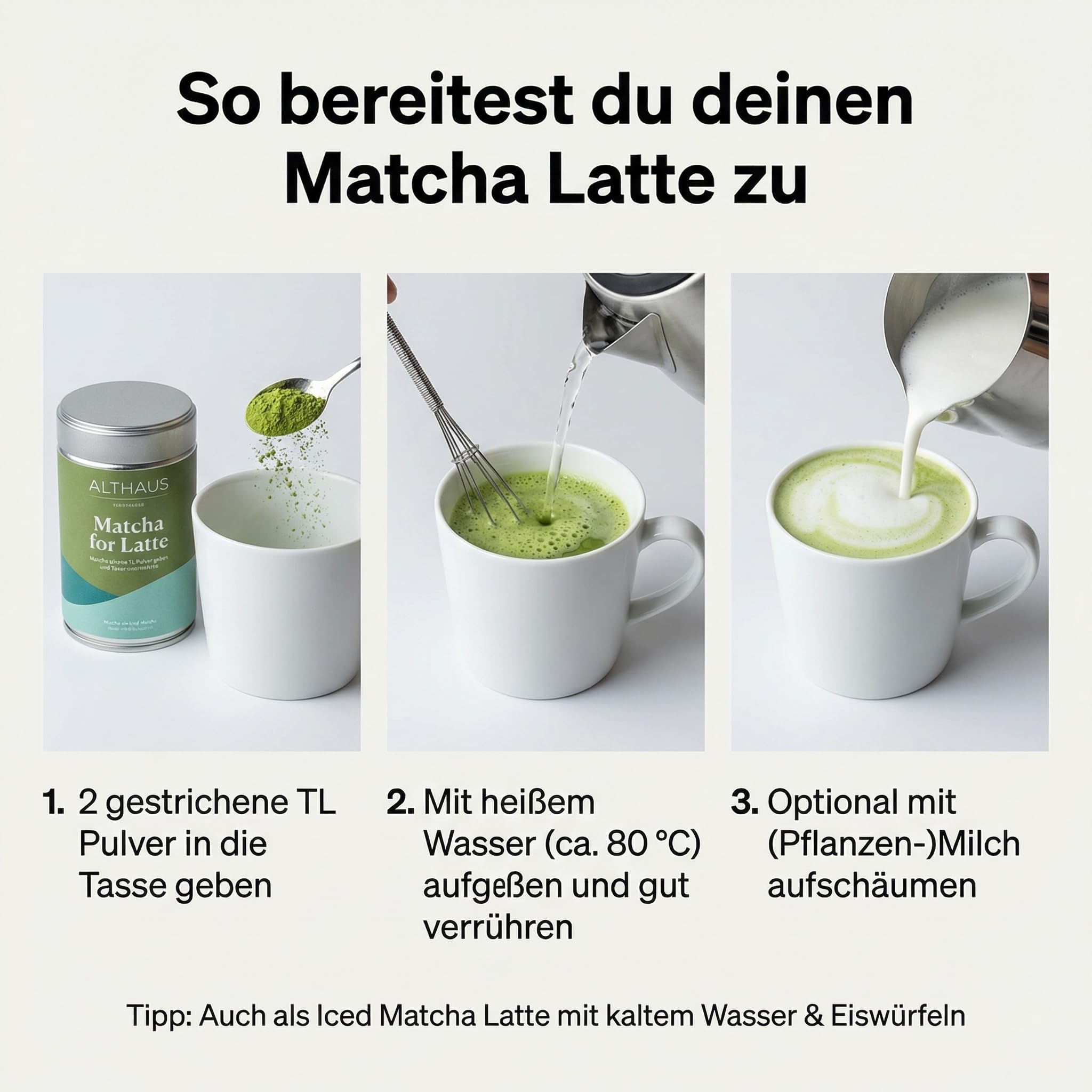 ALTHAUS Matcha Latte Pulver, Bio Grüntee-Mischung mit Rohrohrzucker, vegan glutenfrei laktosefrei, 400 g Dose, ca. 20 Portionen, mild-süßer Geschmack, schneller Genuss heiß oder kalt