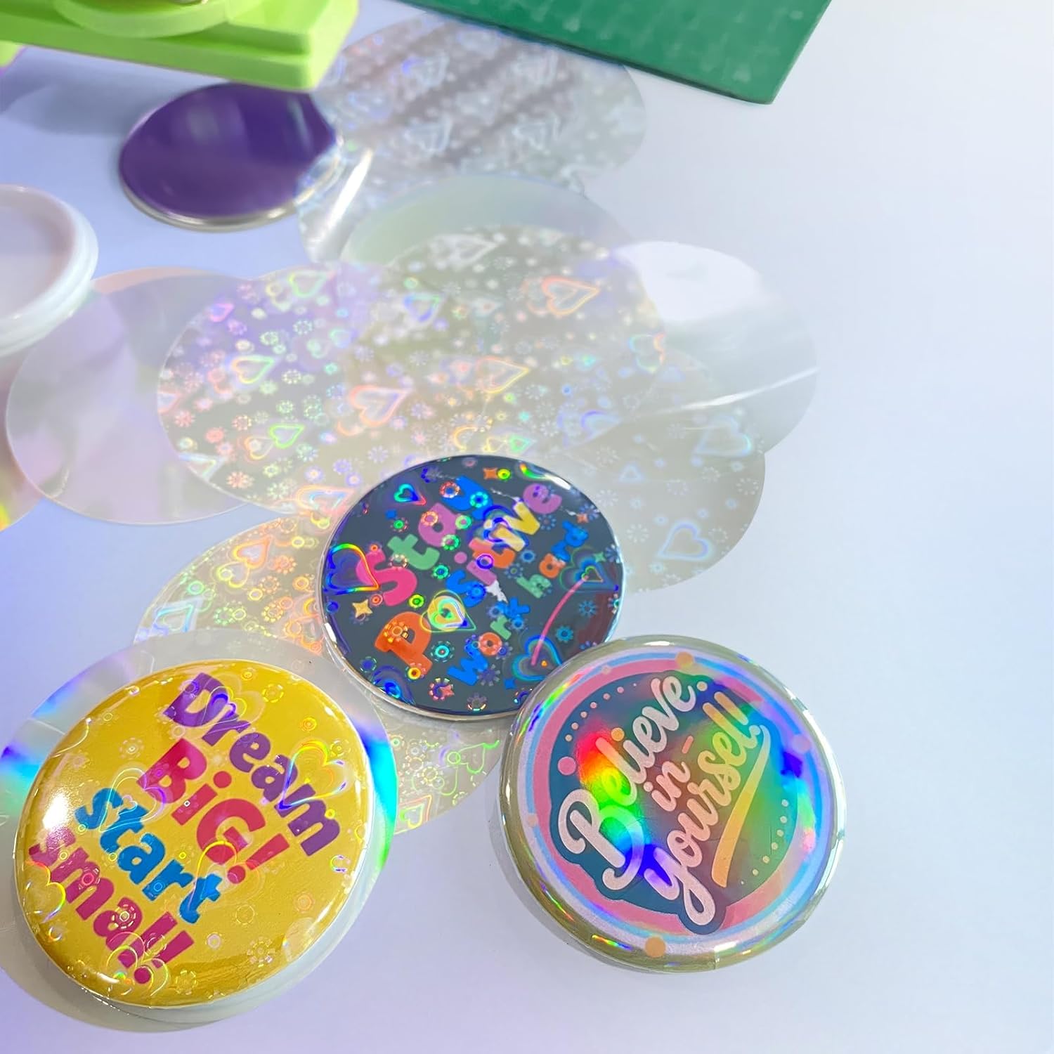 Button Maker Machine 2.25'', Pin Maker Button Press Machine W/100 Holographic Film Pinbacks,10 Fridge Magnet Badge, 5 Badge Pendant, DIY Kit for Christmas Party School(Green, 2.25'')