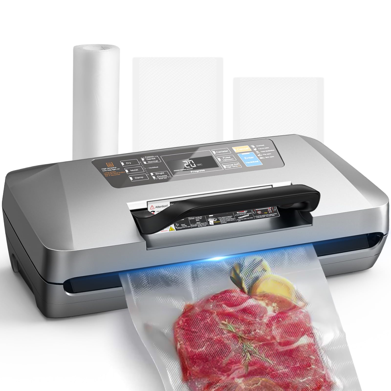 DXstring Vacuum Sealer Machine, 95kPa Food Vacuum Sealer Machine with Double Heat Seal, Vacuum Pack Machine with Built-in Cutter and Bag Storage, 1 Bag Roll and 10 Pre-cut Bags