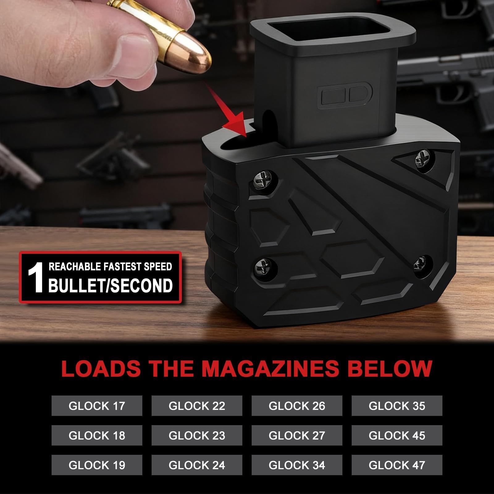 Naerza Magazine Speed Loader for Glock 9mm/.40 S&W - Fits Glock 17/18/19/22/23/24/26/27/34/35/45/47 - Fast Loading/Pain-Free & Portable (Classic) (Black)