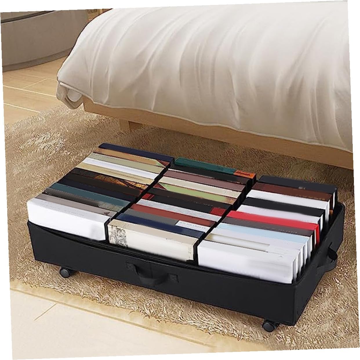 TOYANDONA -bed Storage Bin with Wheels Large Capacity Oxford Cloth Organizer with 3 Compartments Dustproof Storage Box for Clothes and Bedding for Home Bedroom