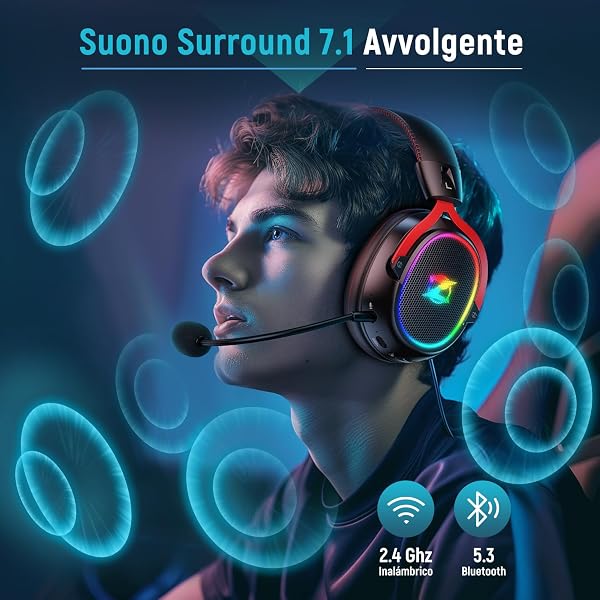 Ozeino Cuffie Gaming Wireless per Ps4/Ps5/PC, Cuffie Wireless con Microfono 2.4GHz + 5.3 Bluetooth Bassa Latenza, Cuffie con 7.1 Stereo Surround Sound, Durata di Oltre 40+ Ore, Nero e Rosso - 3