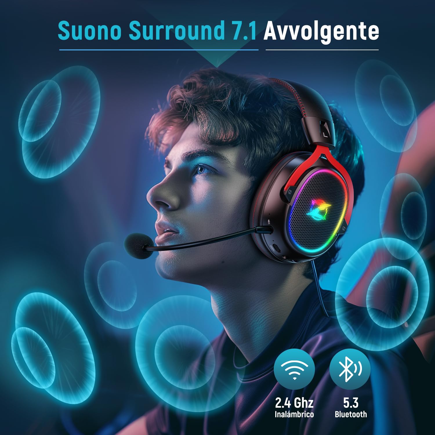 Ozeino Cuffie Gaming Wireless per Ps4/Ps5/PC, Cuffie Wireless con Microfono 2.4GHz + 5.3 Bluetooth Bassa Latenza, Cuffie con 7.1 Stereo Surround Sound, Durata di Oltre 40+ Ore, Nero e Rosso