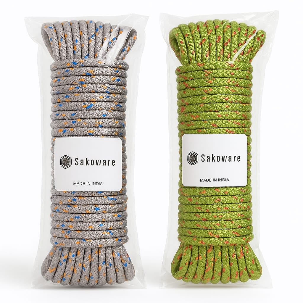 Sakoraware Cloth Line for Drying Clothes | Nylon Braided Cotton Rope 20 Mtr Pack of 2 Durable Strong and Flexible for Outdoor Indoor Use Perfect for Hanging Laundry and Wet Clothes
