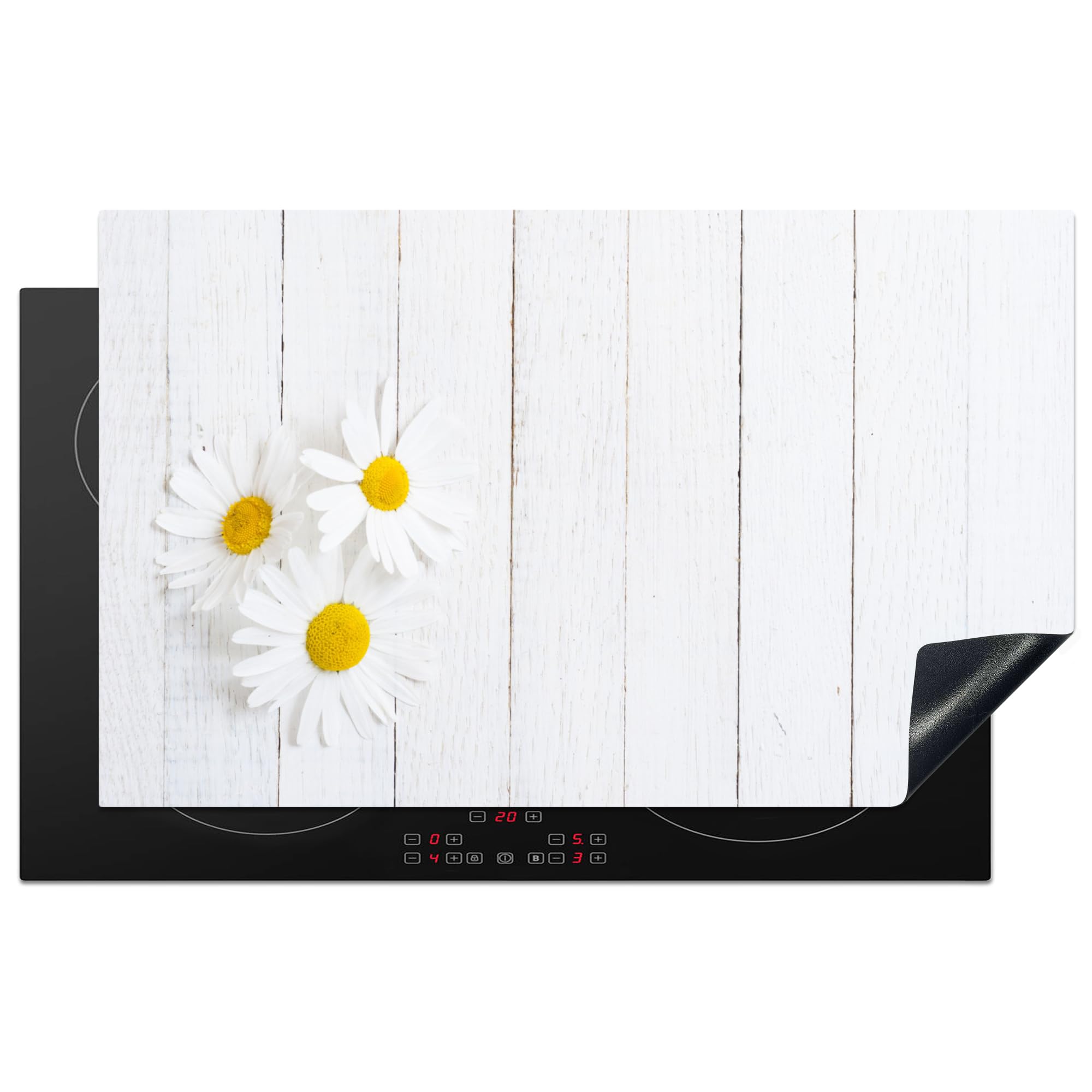 KitchenYeah© Induction Hob Protector Mat 20.5"x33.5" / 85x52 cm Cooker Top Protectors Cover Ceramic Covers Electric Hobs Vinyl Flowers - Daisies - Wood - White — image 1