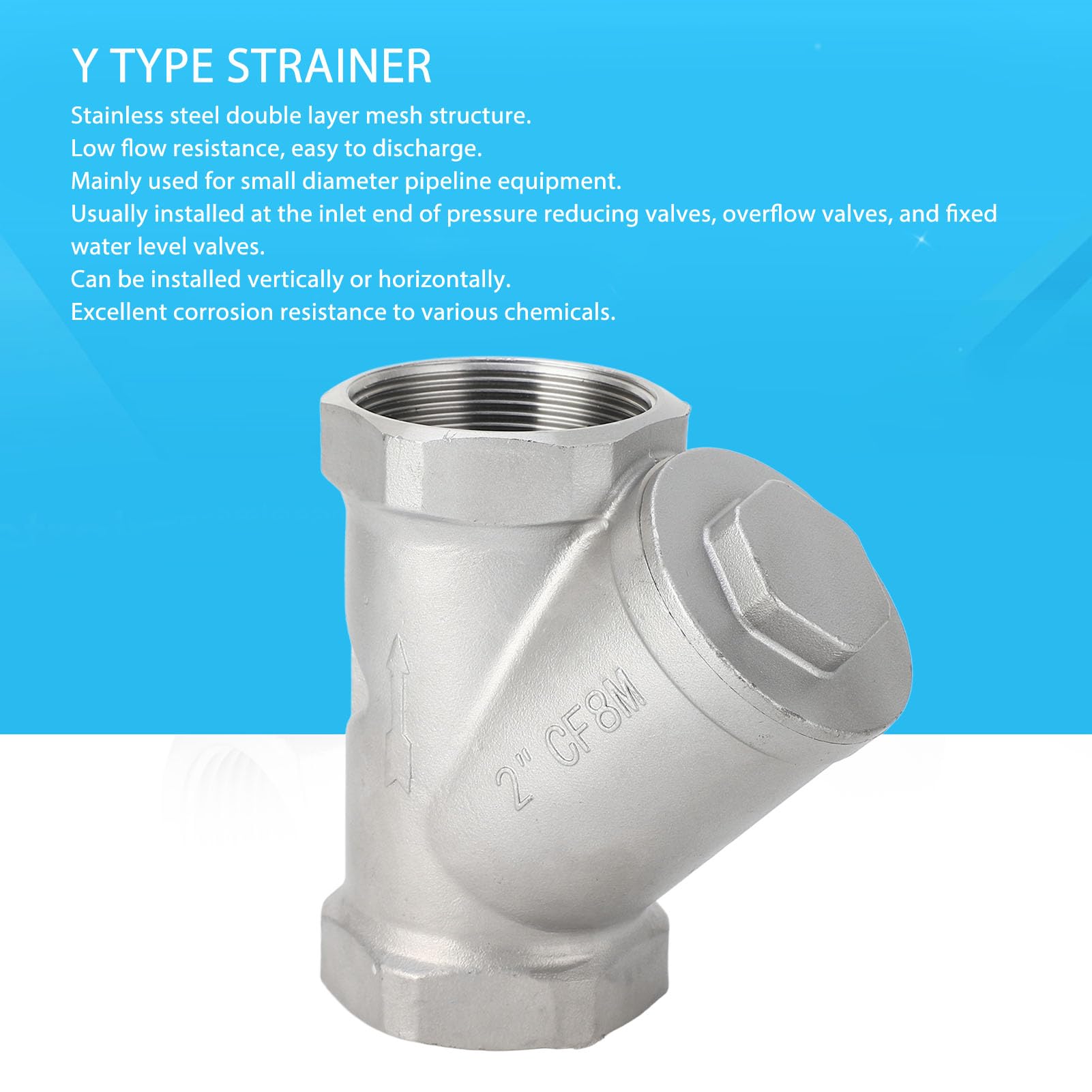 Tissting Y Sieb Wasserfilter 2 Zoll DN50 Innengewinde, 304 Edelstahl Y Filter, Waschbarer Filterventil für Wasser Öl Gas Trennung Industriefilter Sanitärfilter