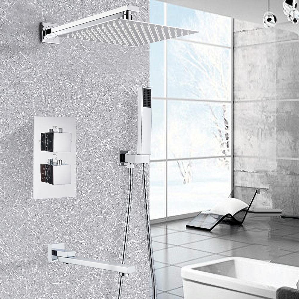 Yniyujkl Bathroom Chrome Thermostatic Shower Faucet Rainfall Shower Head Wall Mounted Bathtub Mixer Tap Bathroom Shower Set Wall-12 Inch,12 Inch