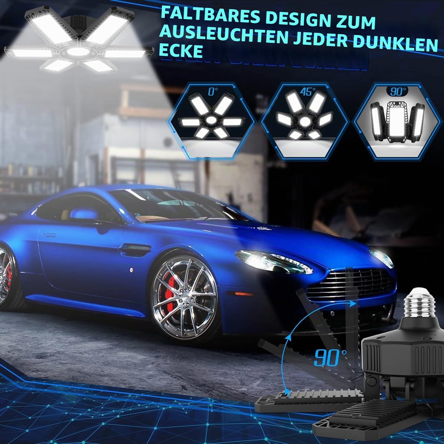 YIQIBRO Garagenlampe LED 185W 18500LM 4 Stück - 6500K Garagenbeleuchtung Werkstattlampe mit 6+1 Verstellbaren Paneelen, E26/E27 LED Werkstatt Deckenleuchtefür Garage, Werkstatt, Keller