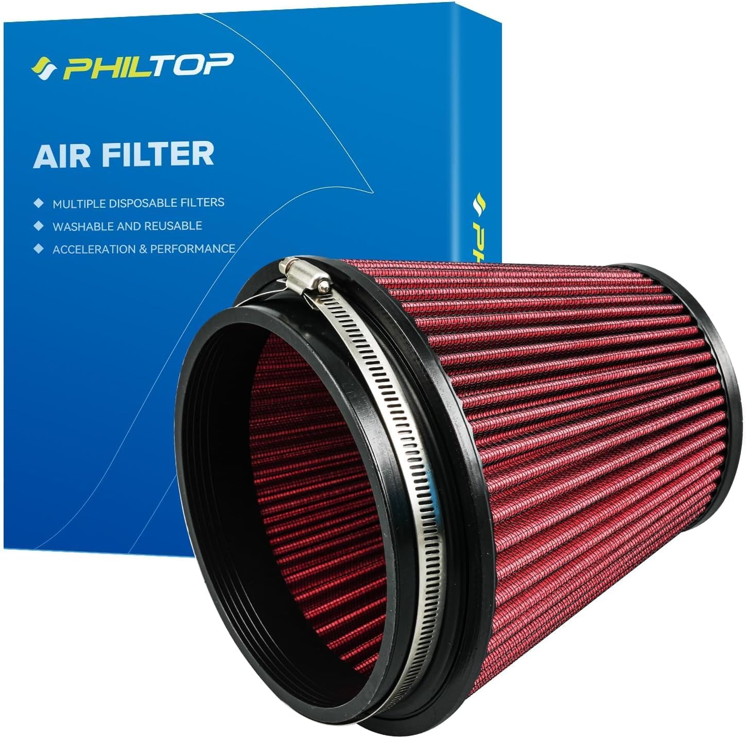 PHILTOP Universal Clamp-On Air Intake Filter, RU-1042 Premium, Washable, Replacement Filter, Flange Diameter: 6 In, Filter Height: 6.5 In, Flange Length: 1 In, Shape: Round Tapered