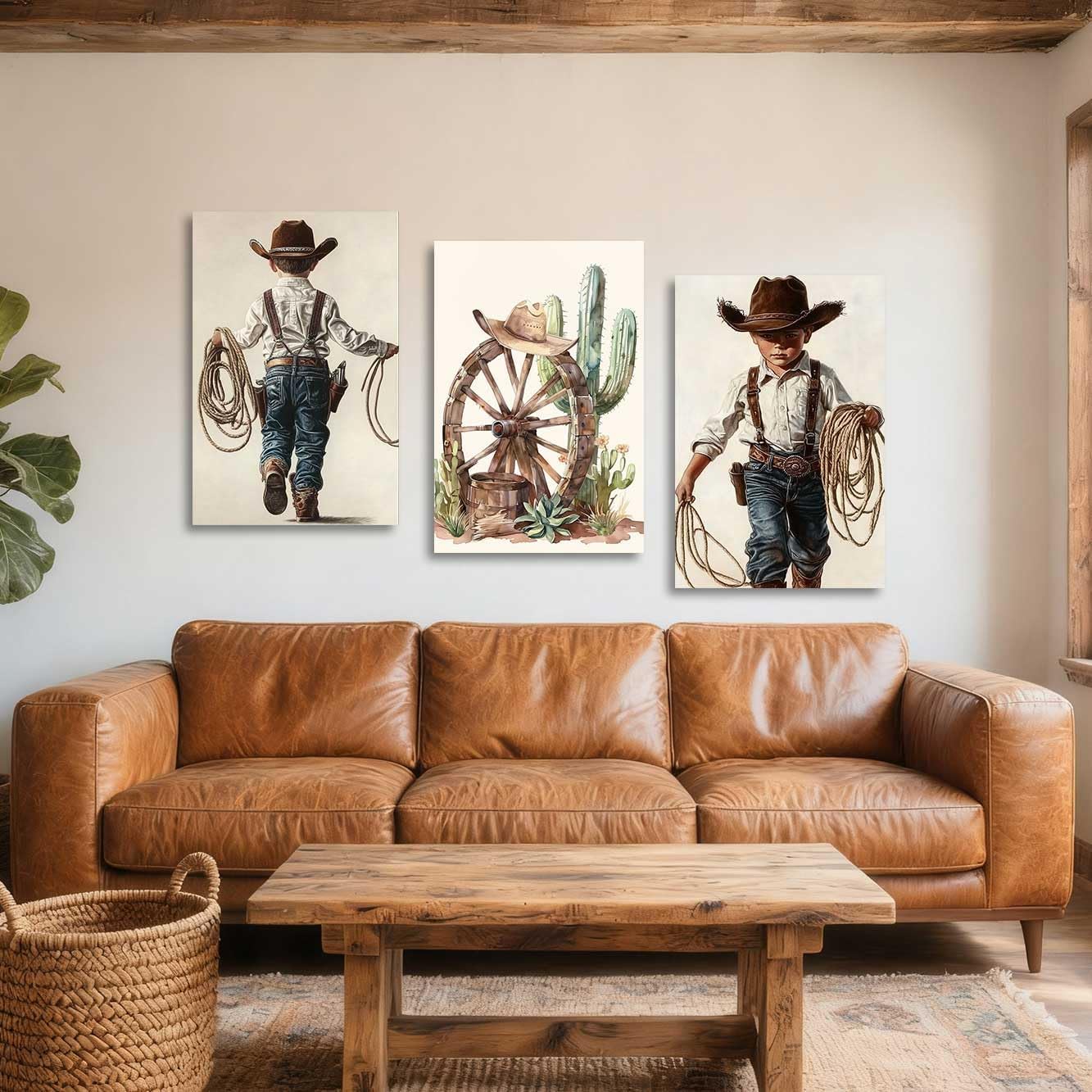 YMXDYMJSW Western Cowboy Wall Art Nursery Wall Decor Set of 3 Cactus Desert Poster Cowboy Kid Picture Vintage Southwest Paintings for Baby Boys Bedroom Decor (White, (11" x 14" x 3PCS))