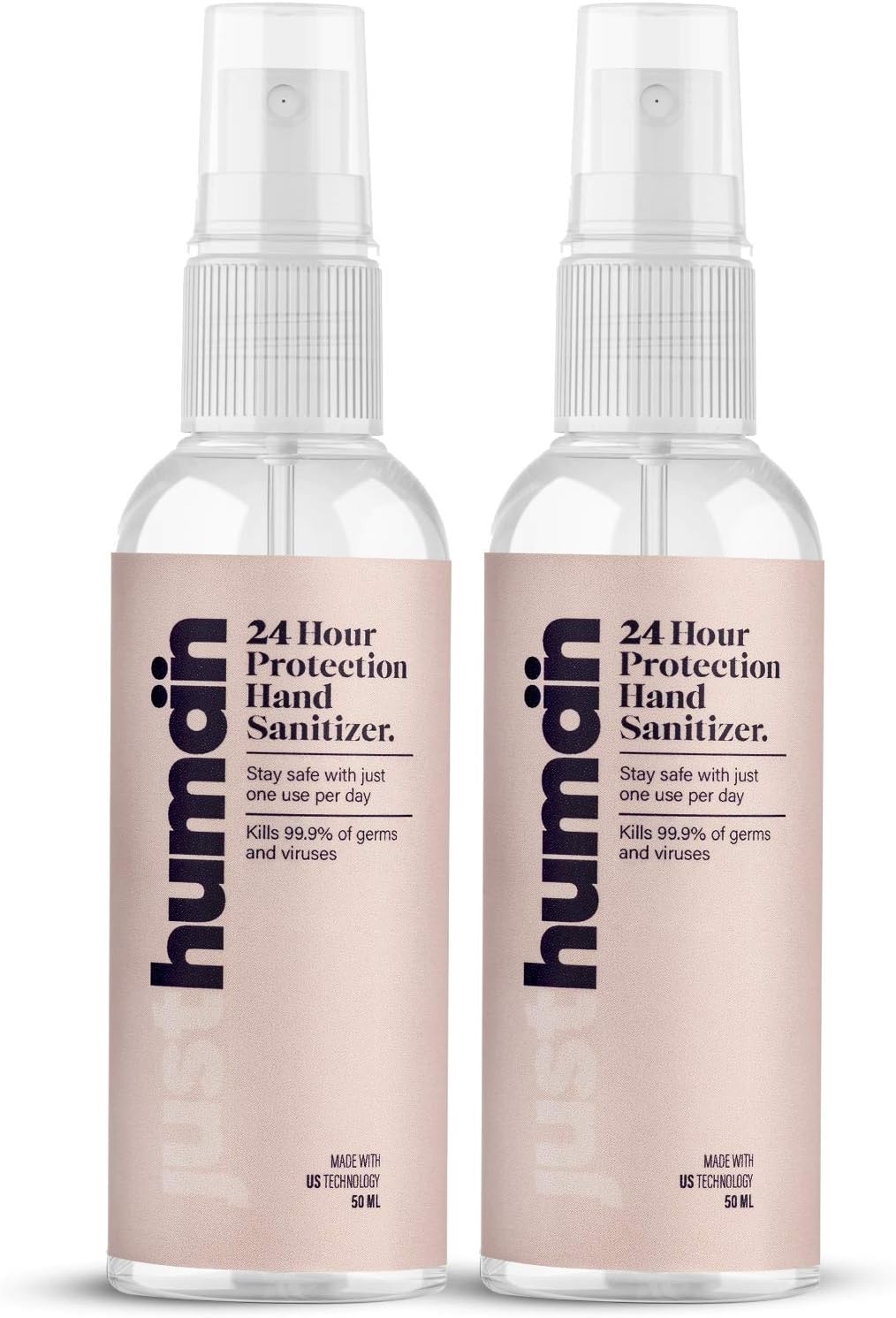 JustHuman 24 Hour Protection Hand Sanitizer Spray- 99.99% Effective Against Germs -70% Alcohol|Made With Usa Technology | Protective Bionic Shield | Skin Friendly And Safe For Kids (Pack Of 2, 50 Ml)