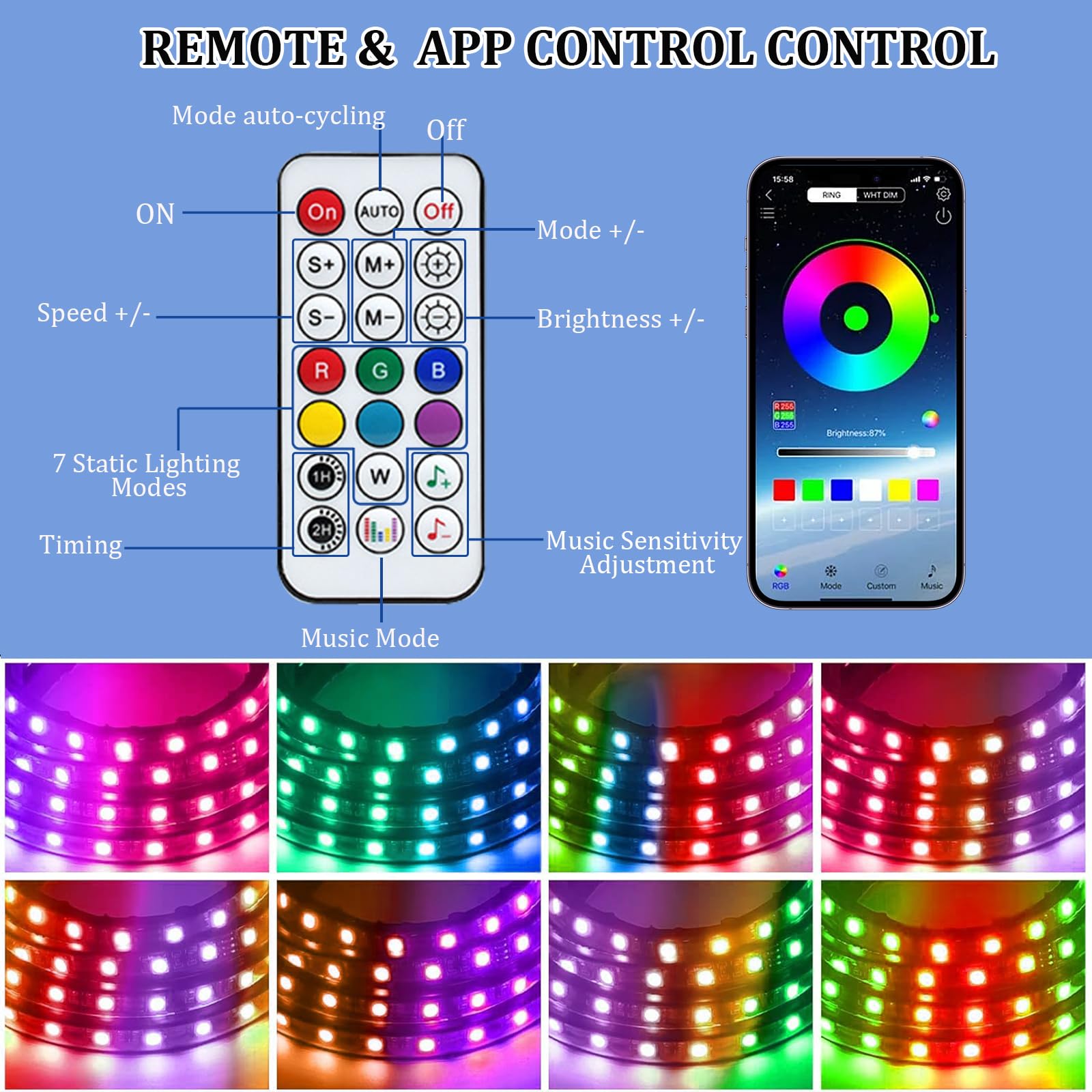 Kit di luci per auto, controllo APP, set di luci multicolore sincronizzate con la musica, strisce luminose RGB impermeabili per auto, camion e SUV
