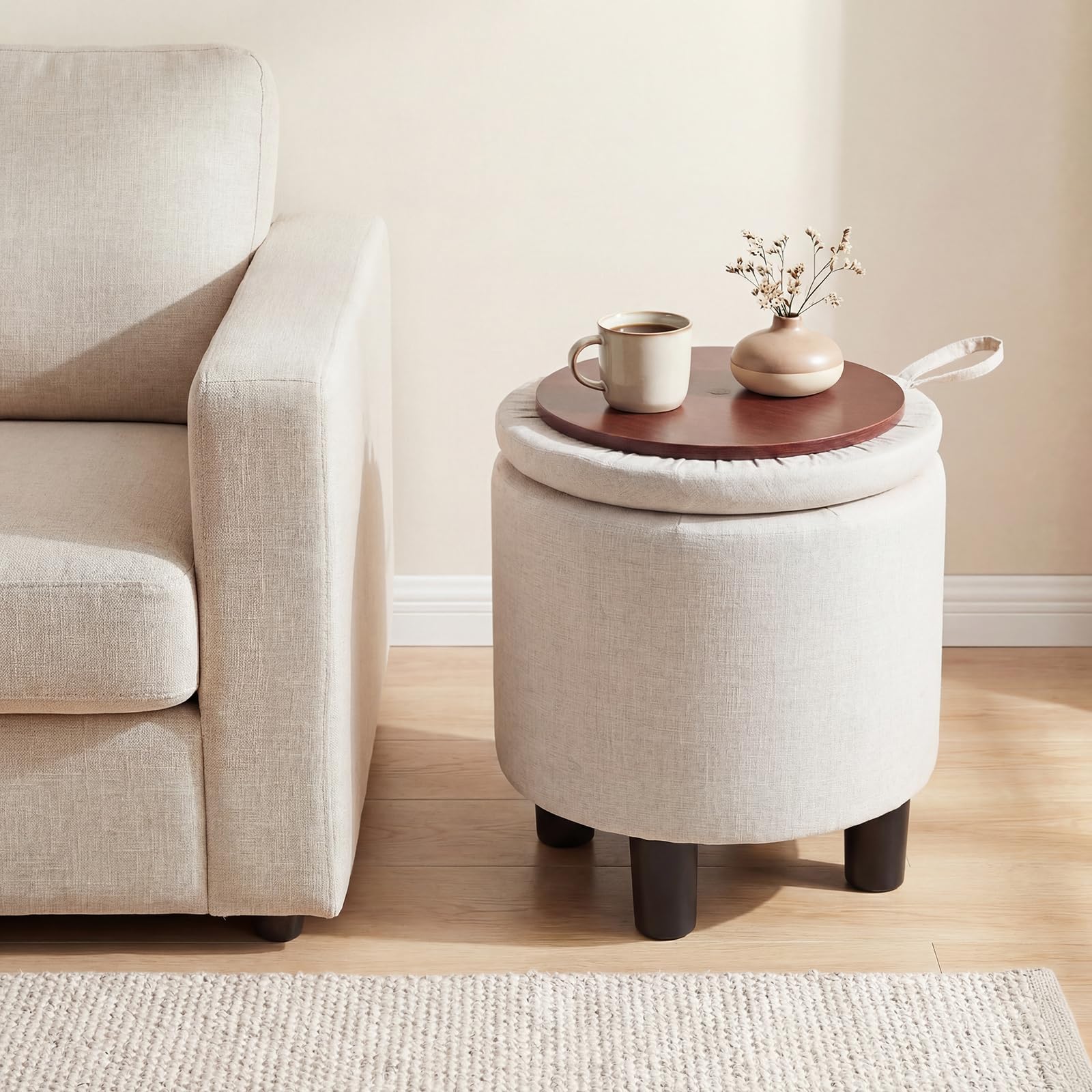 COSTWAY Pouf Contenitore Rotondo, Sgabello Poggiapiedi in Tessuto, con Coperchio Rimovibile, Poggiapiedi per Soggiorno e Camera da Letto, 38 x 38 x 42 cm