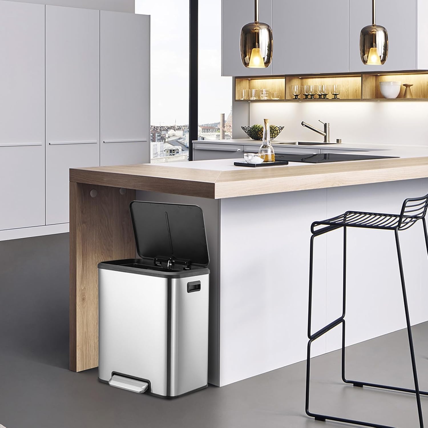 8 Gallons/30 L Dual Trash Can with Lid, Stainless Steel Waste Bin with 2 Removable Inner Bucket and Soft Close Lid for Office, Bedroom, Kitchen