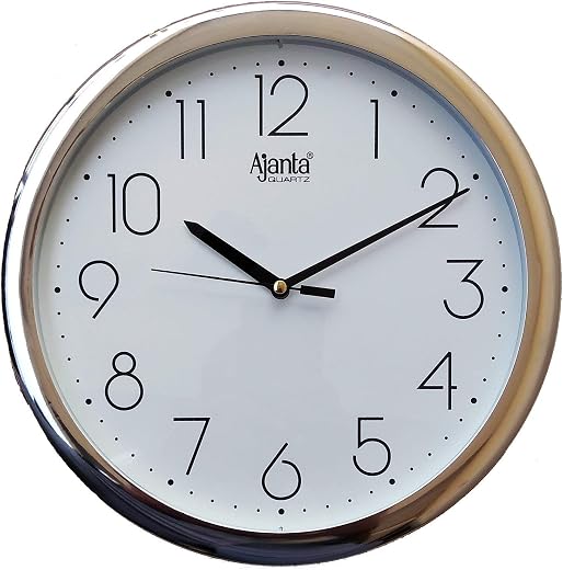Ajanta Designer Plastic Small Round Battery Operated Analog Wall Clock with Large Numbers (26 X 26 X 3.3 Cm, Quartz, Silver)
