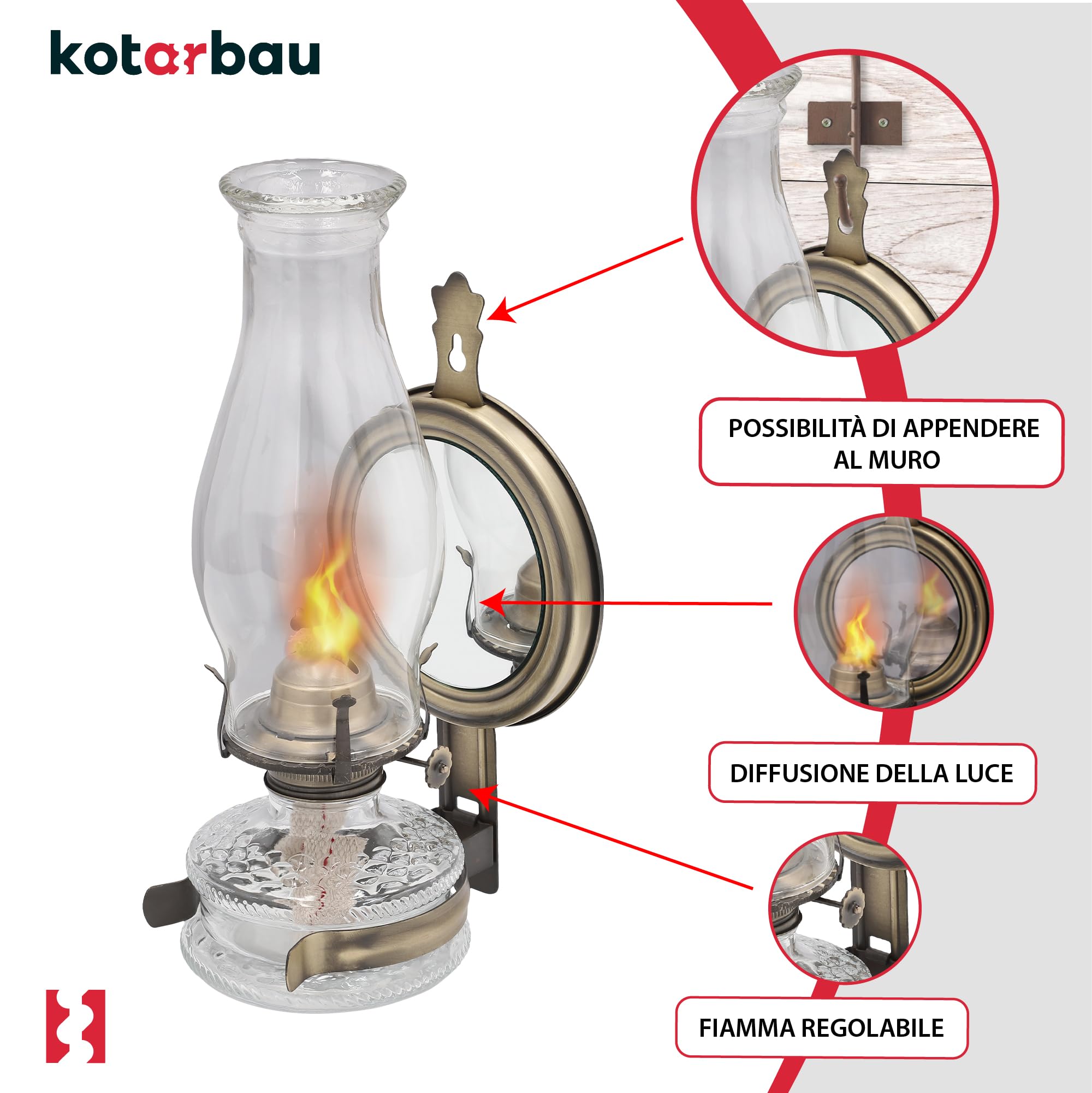 KOTARBAU® Lampada a Cherosene in Vetro Con Specchio Vecchio Ottone Massiccio - Lampada da Campeggio, a Benzina, a Olio - Lanterna Vintage per Balcone