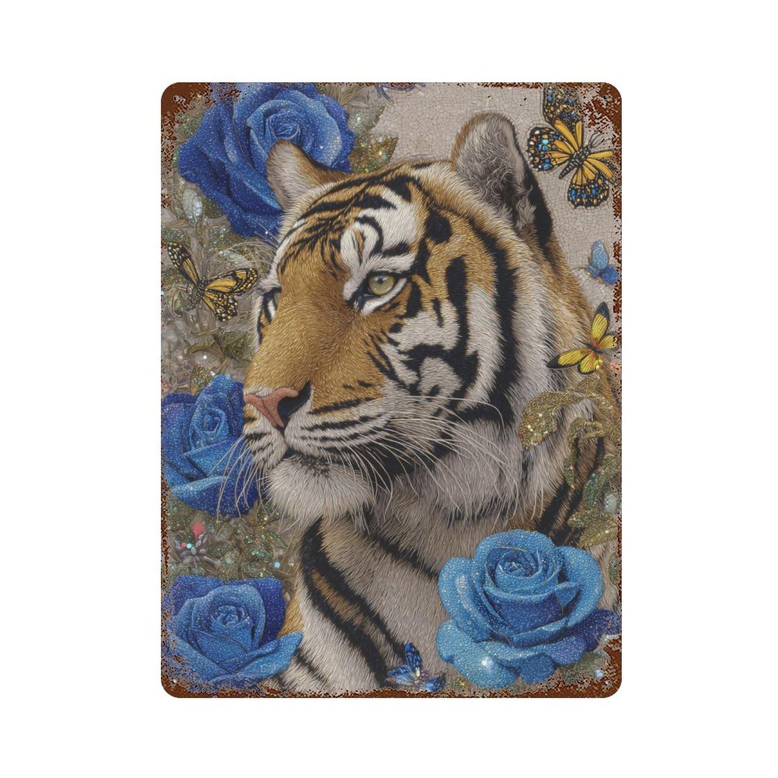 Tiger with Blue Roses Mosaic Art Distressed Metal Wall Sign 15.7"x11.8", Ideal for Garage, Bar And Workshop Decor