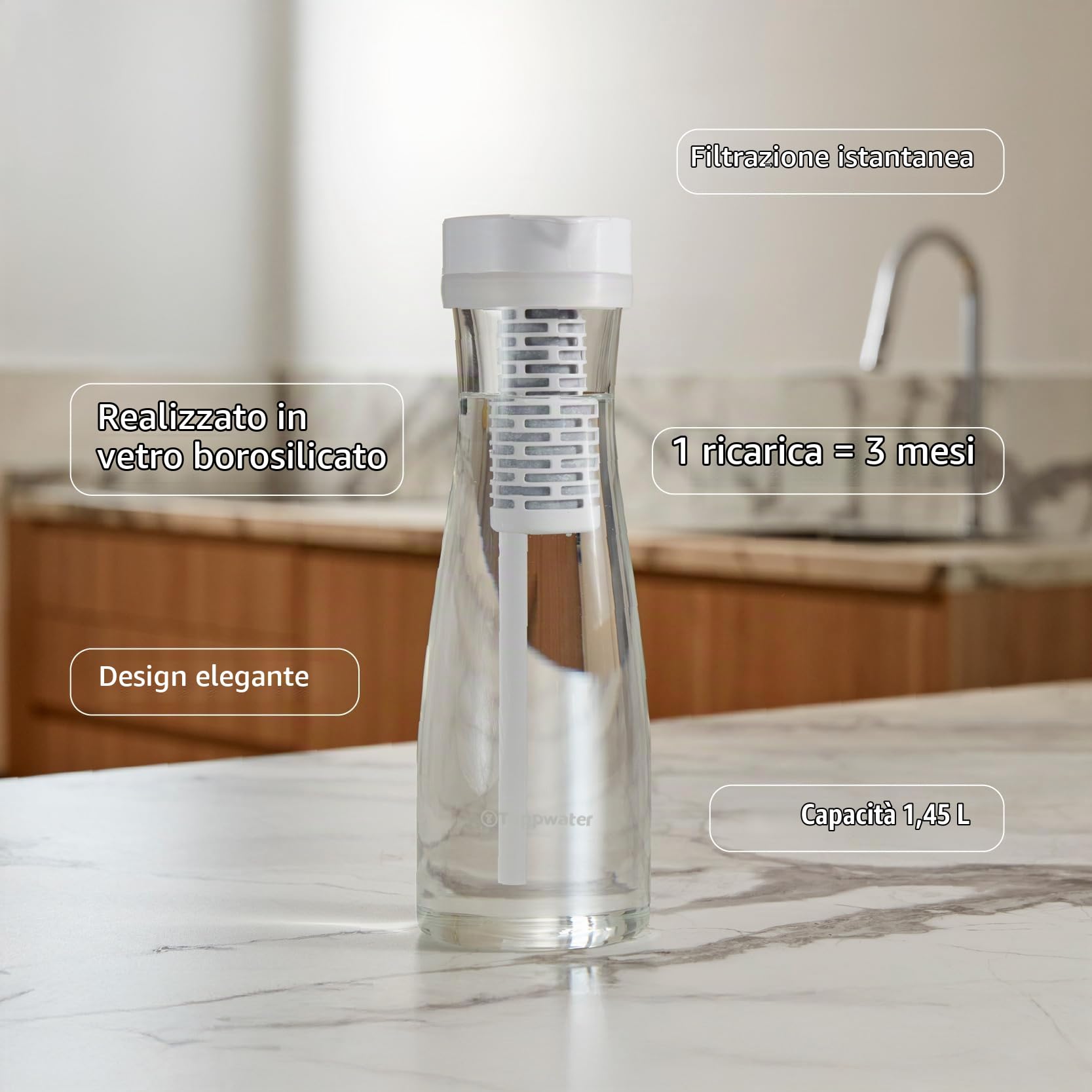 Tappwater PitcherPro SMR Caraffa filtrante per acqua Premium - Brocca vetro da 1,45L, filtraggio istantaneo, aggiunta di minerali essenziali, rimuove calcare e +60 sostanze, design elegante