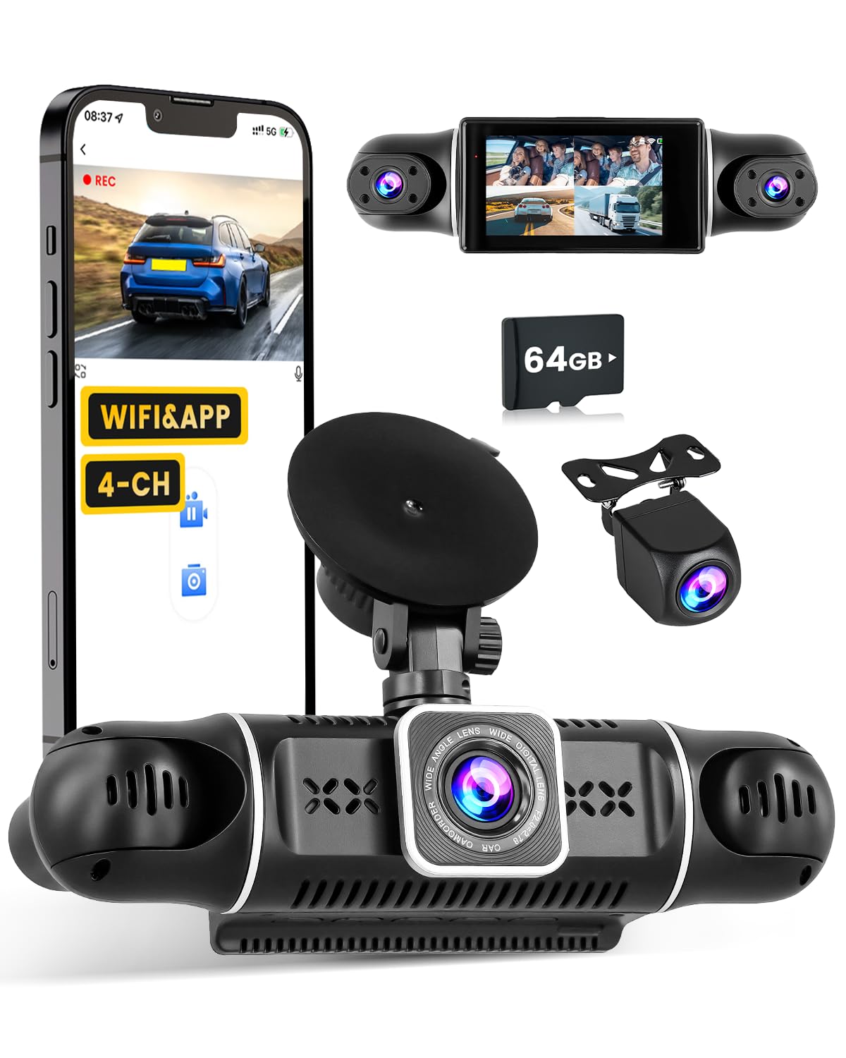 2K WiFi kamera samochodowa 4-kanałowa z kartą SD 64 GB, kamera Dashcam FHD 2K przód + 1080P tył wewnętrzny lewy i prawy - nagrywanie w pętli, czujnik G, noktowizor, monitorowanie parkowania, kopia