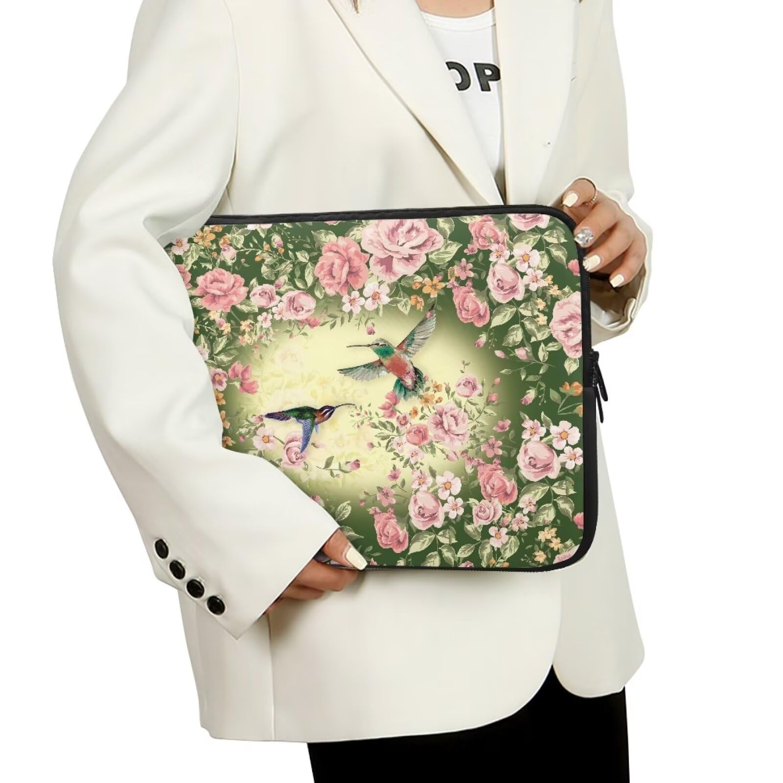 Funda protectora para ordenador portátil de 12 pulgadas con estampado de rosas rosas y colibríes con cremallera