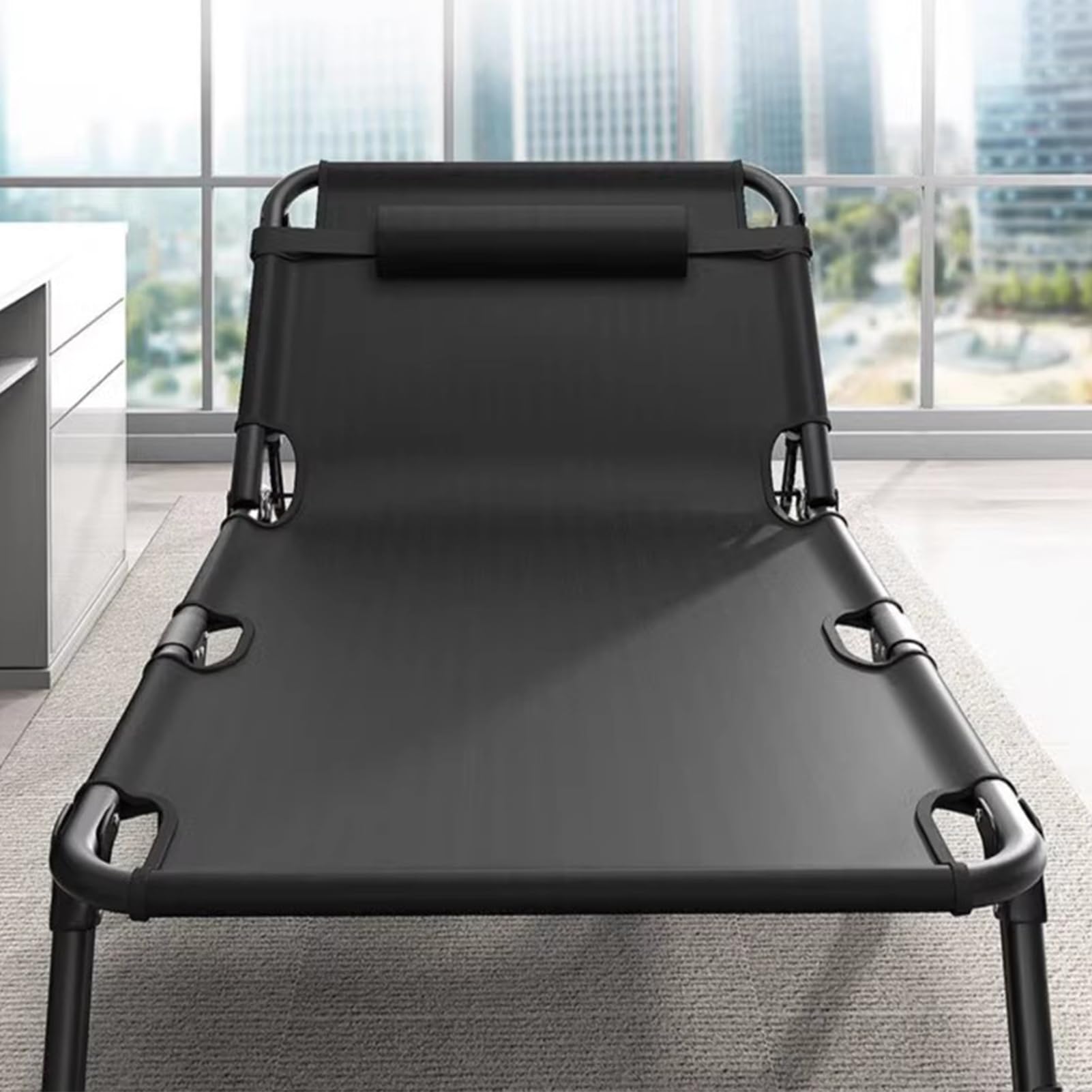 Lit de Camp, Chaise Longue Pliante inclinable à 4 Positions pour Adultes avec Oreiller, lit de Camp d'extérieur, Parfait pour Le Bureau, la Piscine, la Plage, Le Patio 75 cm