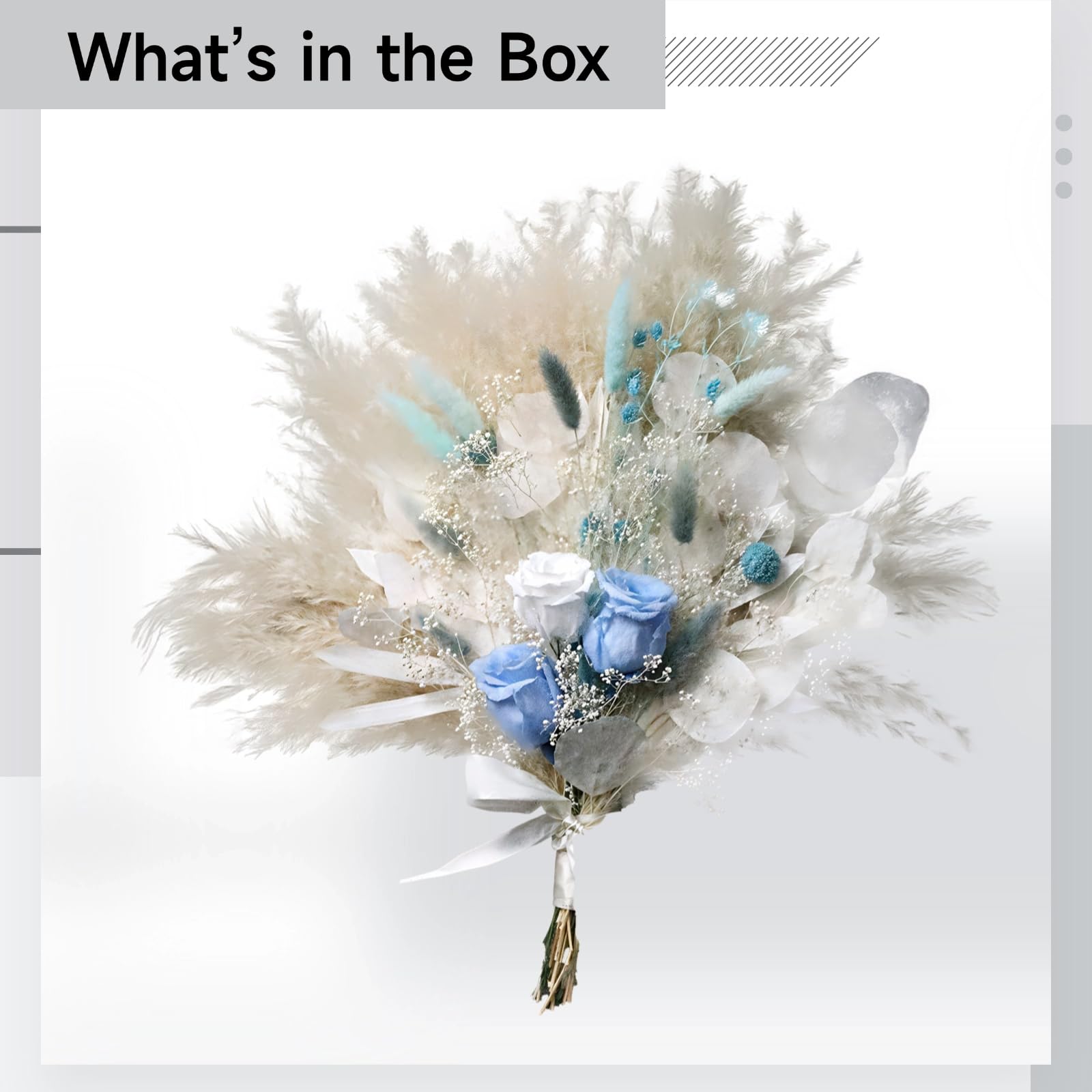 Trockenblumenstrauß mit blauen und weißen Rosen, Pampasgras, Eukalyptusblättern und Dekorband, Elegantes Blumenarrangement für Hochzeiten, Wohnen, Deko und Geschenke