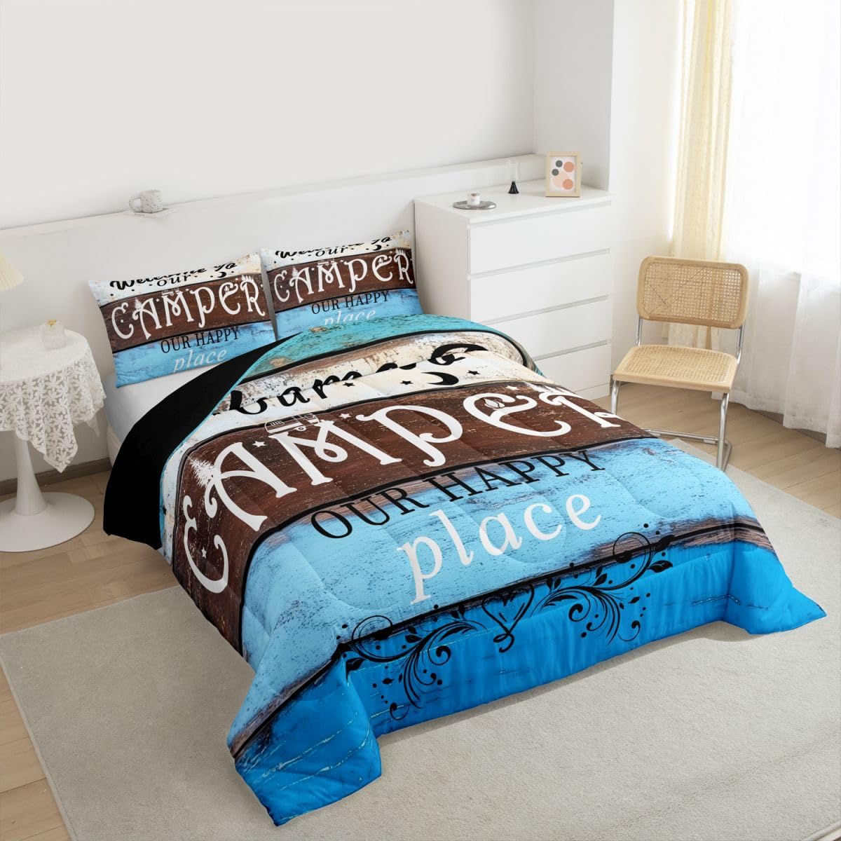 Rv Camper Decor Bedding Set Queen Size, Happy Camping Comforter Set For Kids Teens Adult, Rustic Farmhouse Duvet Insert Vintage Wooden Barn Door Duvet Sets Camping Gift For Women Decor, Blue Brown