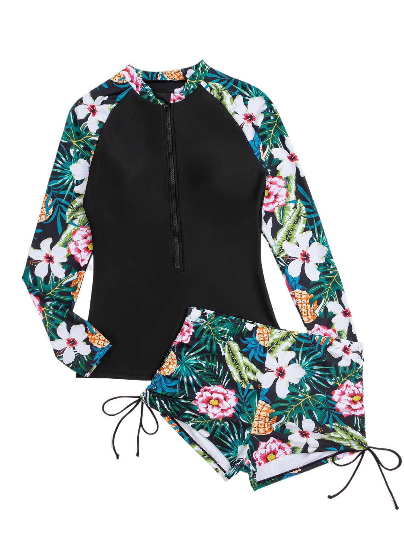 Owntop Maillot de bain 2 pièces à manches longues pour femme, maillot de bain anti-UV UPF 50+, gilet rashguard à fermeture éclair, maillot de bain floral avec bas taille haute, pour la natation et le