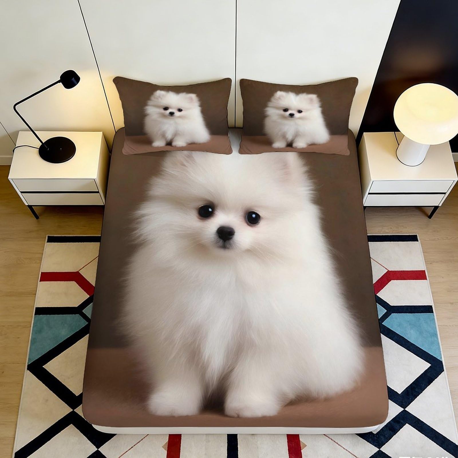 3D Printed White Pomeranian Dog Fitted Sheet Microfiber Soft Bed Cover Bedroom Decor Anti-Slip Machine Washable 90x200x25cm