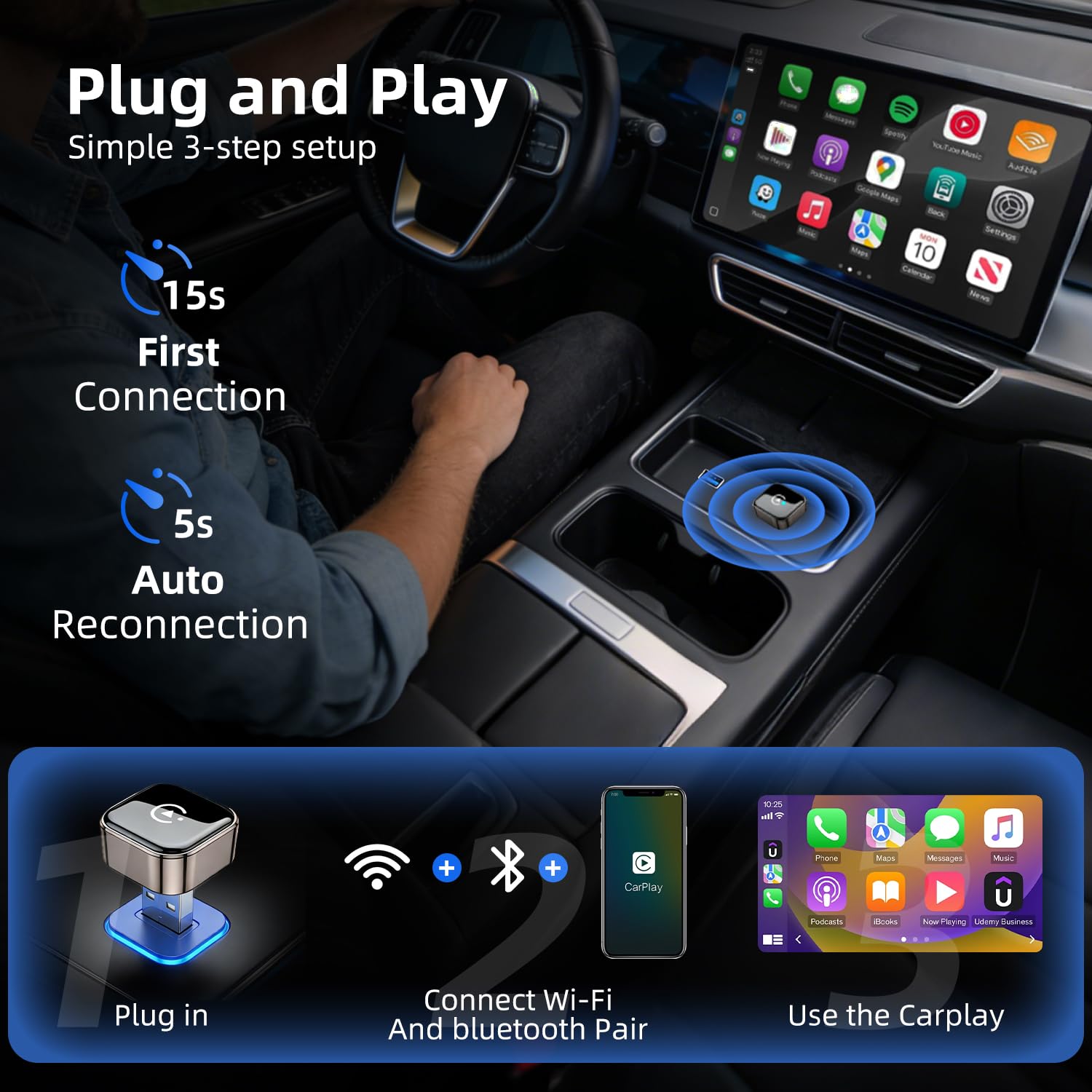 2026 Upgraded Wireless CarPlay Adapter UK , Convert Wired to Wireless CarPlay&Android Auto,Compatible with iPhone iOS 10+ & Android 11+, Mini USB Design,Auto Connect Fast and Stable,Plug and Play — view 4