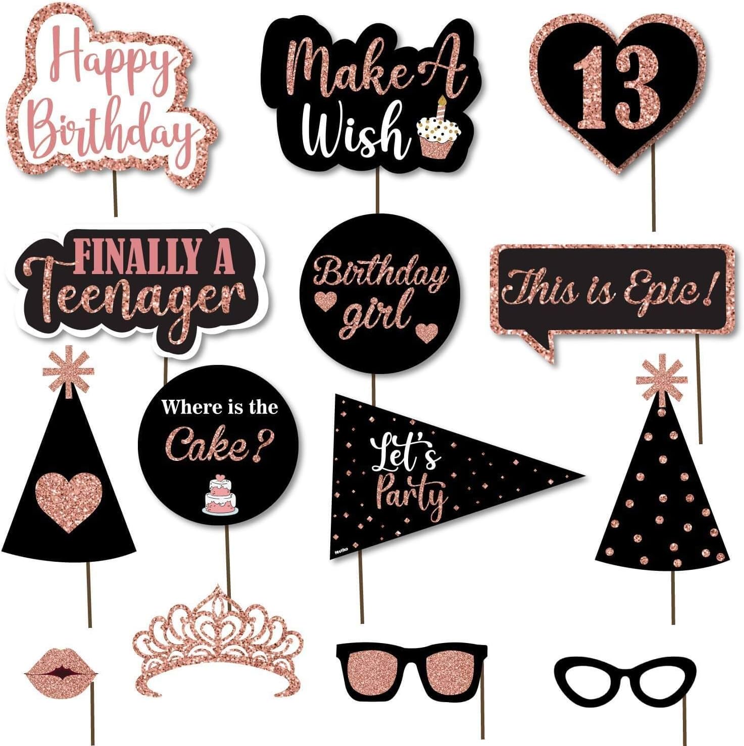 14pcs Happy 13th Birthday Photo Booth Props for Birthday Celebration, Make a Wish, Finally Teenager, Party Supplies - Black and Rose Gold by Indian Collectible
