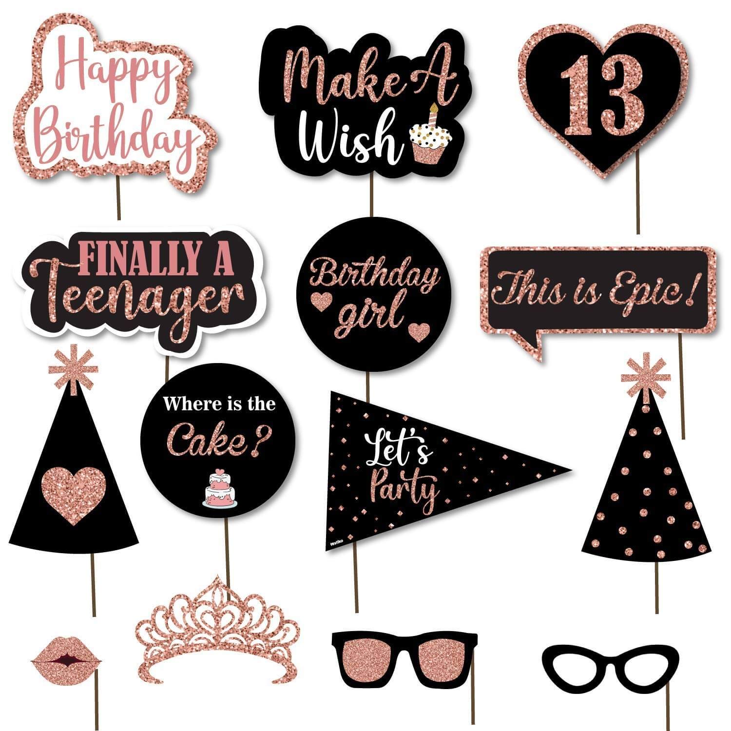 Festiko 14pcs Happy 13th Birthday Photo Booth Props for Birthday Celebration, Make a Wish, Finally Teenager, Party Supplies - Black and Rose Gold (B08QVG2LDF) Amazon Price History, Amazon Price Tracker